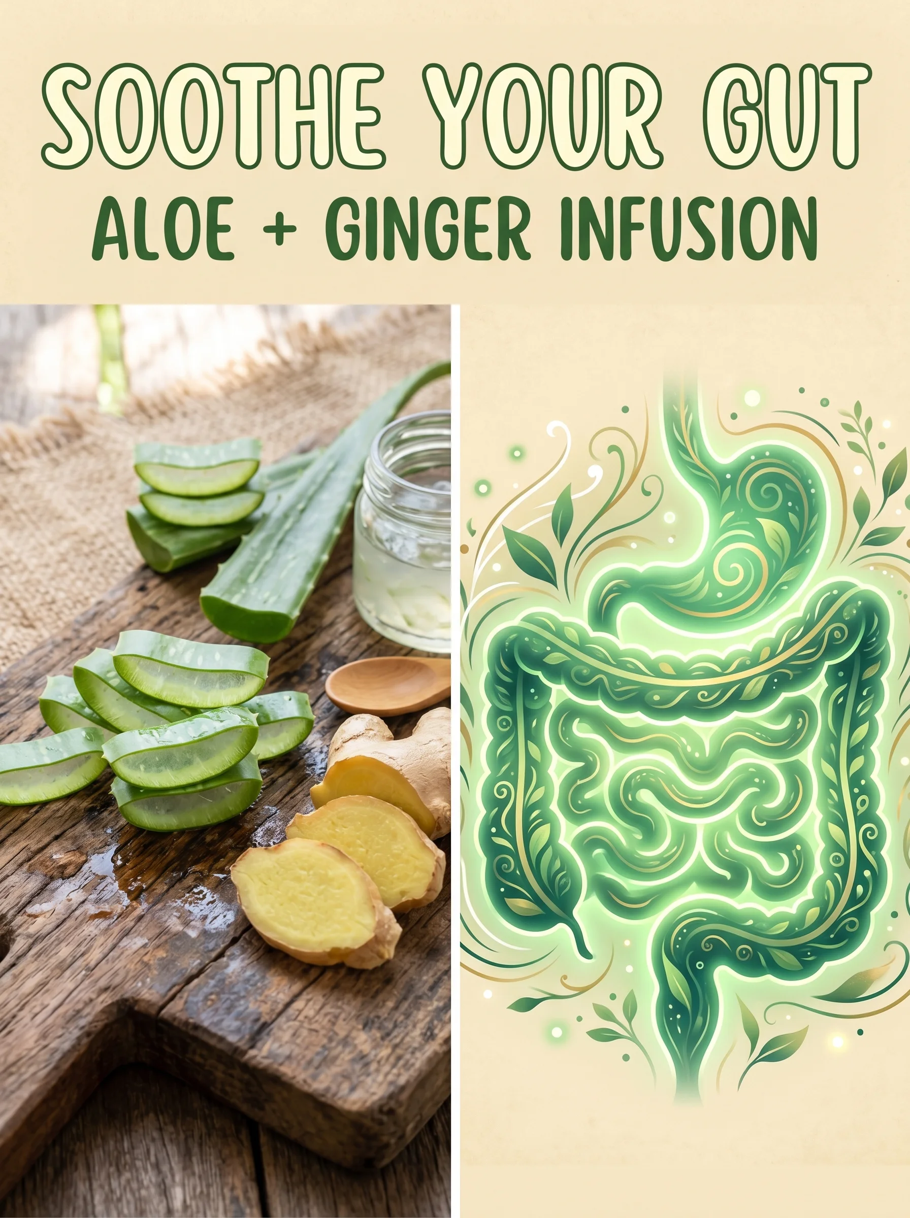 Split panel showing sliced aloe vera leaves beside a glowing illustration of a healthy stomach and gut