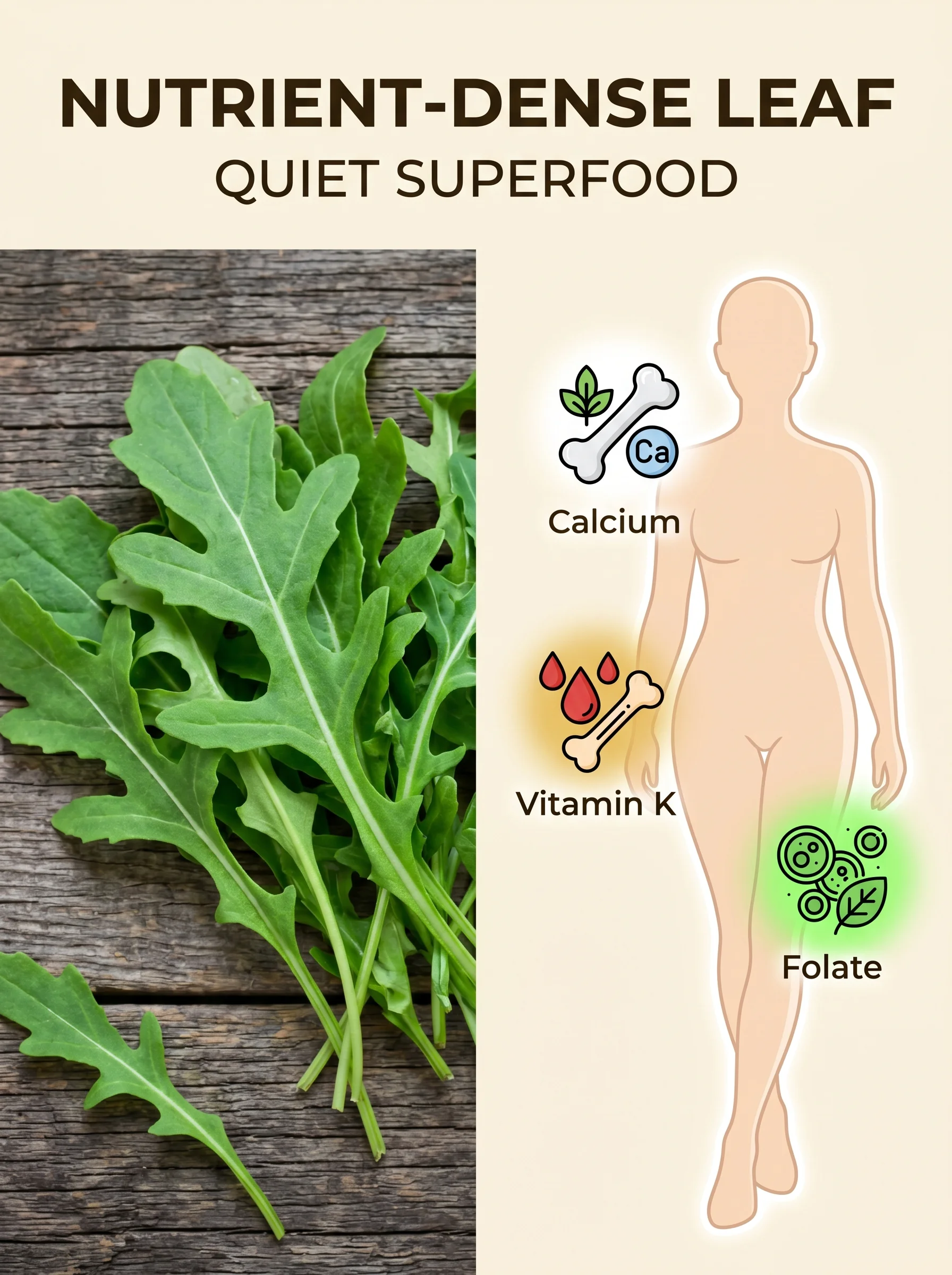Fresh arugula leaves close-up beside a label highlighting vitamin K, folate and calcium content