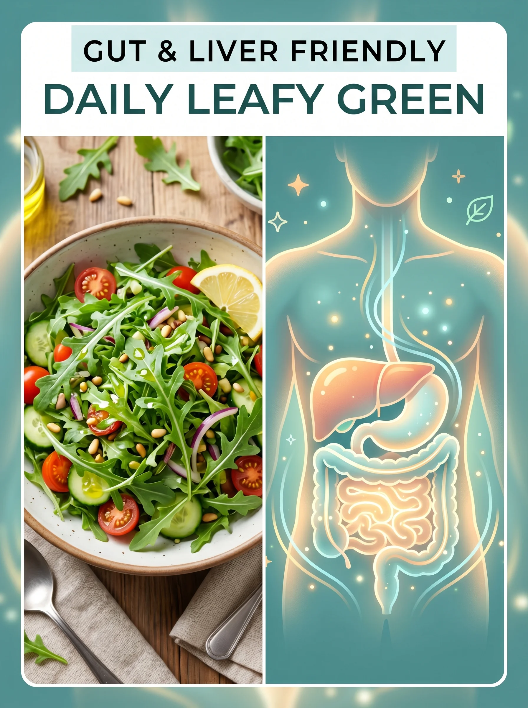 Arugula salad beside an illustration of a healthy gut and digestive tract with green glow