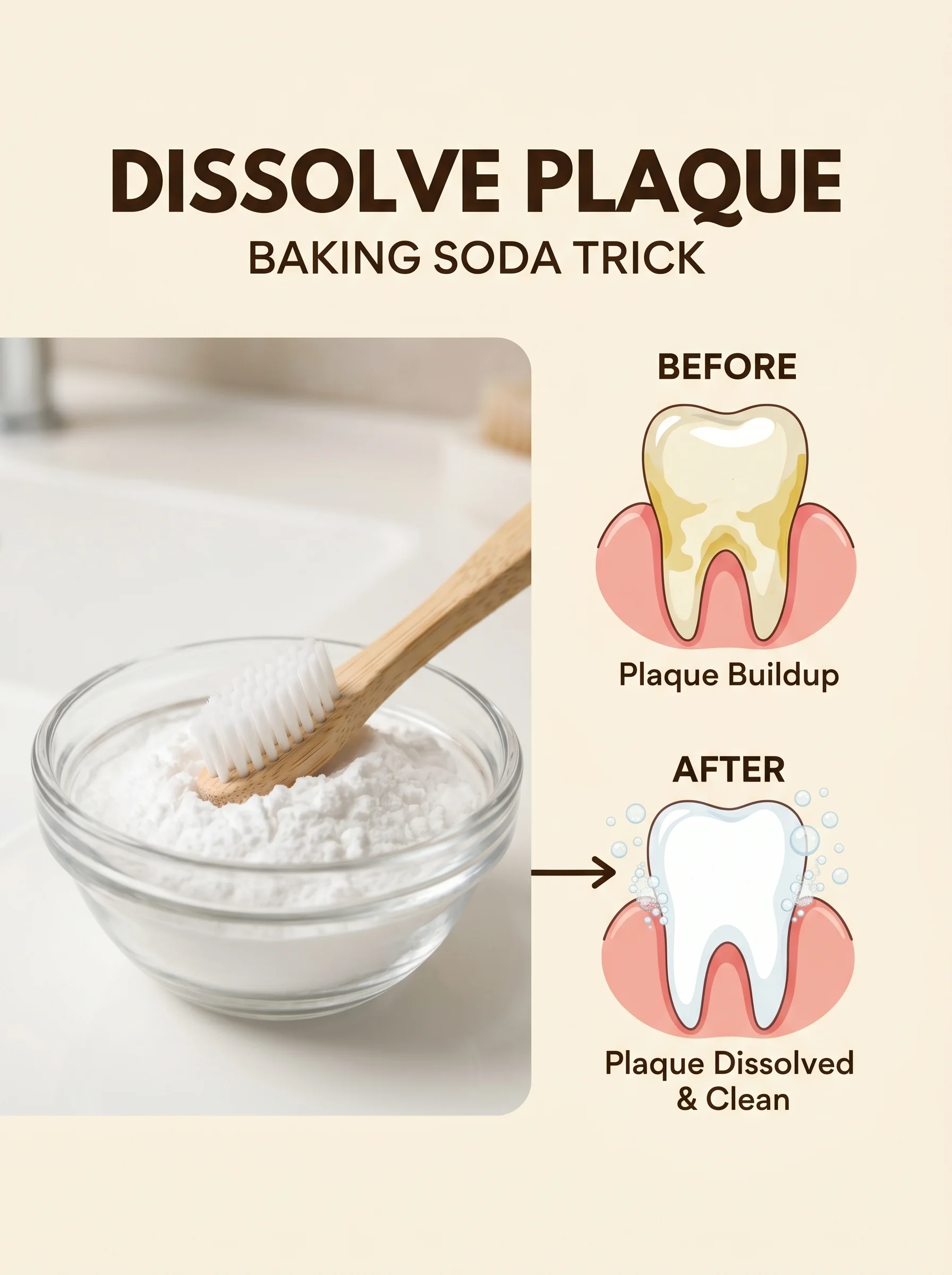 Baking soda spoon beside an illustration of clean teeth with plaque being lifted from enamel
