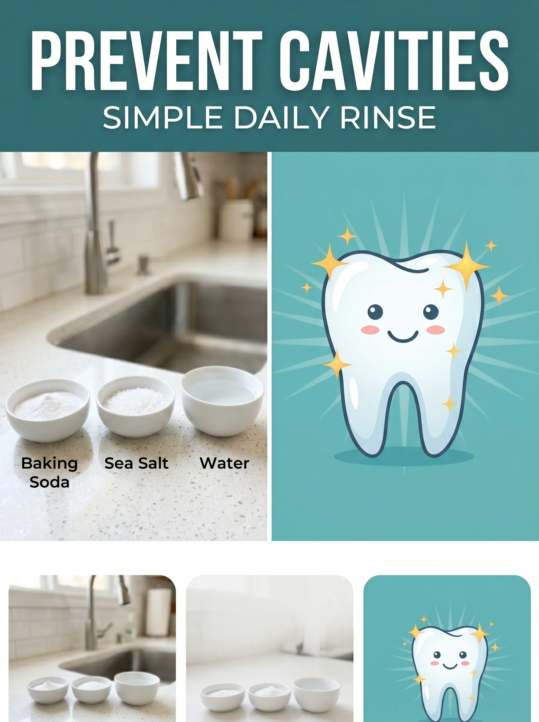 Baking soda toothpaste beside an illustration of cavity-free teeth with healthy gums