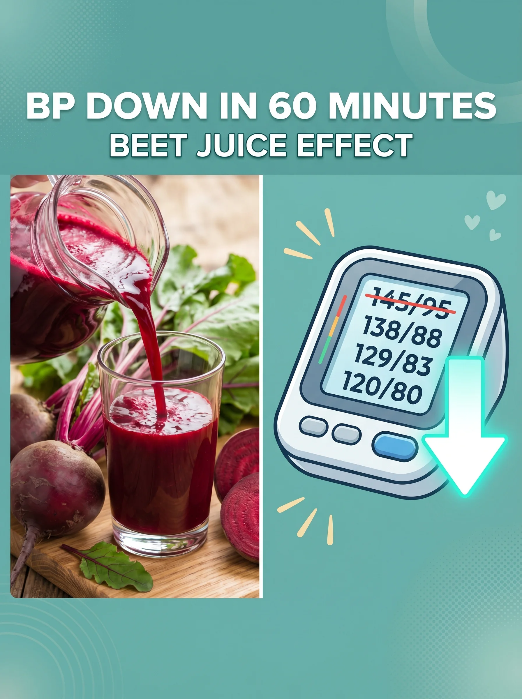 Glass of fresh beetroot juice beside an illustration of a blood-pressure cuff showing lower readings