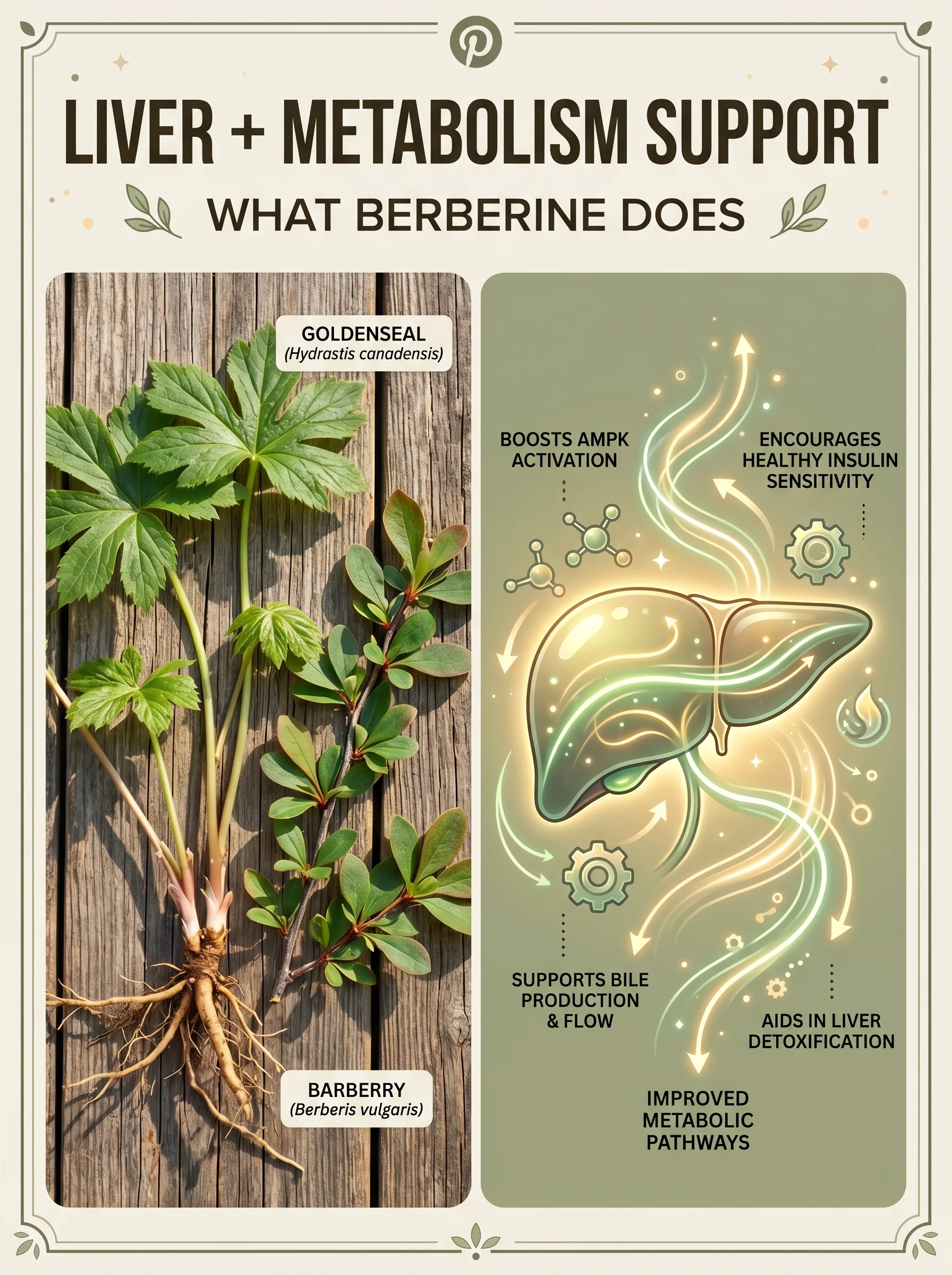 Berberine supplement beside an illustration of a healthy liver showing improved metabolic function