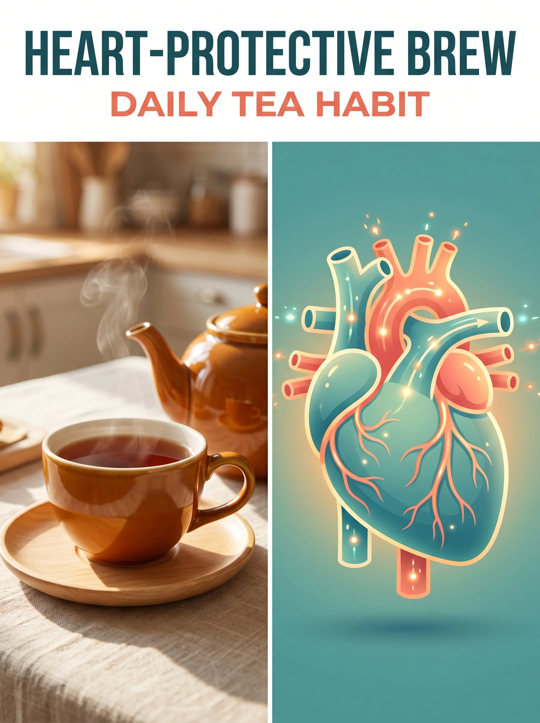 Black tea cup beside a glowing illustration of a healthy heart with clean arteries