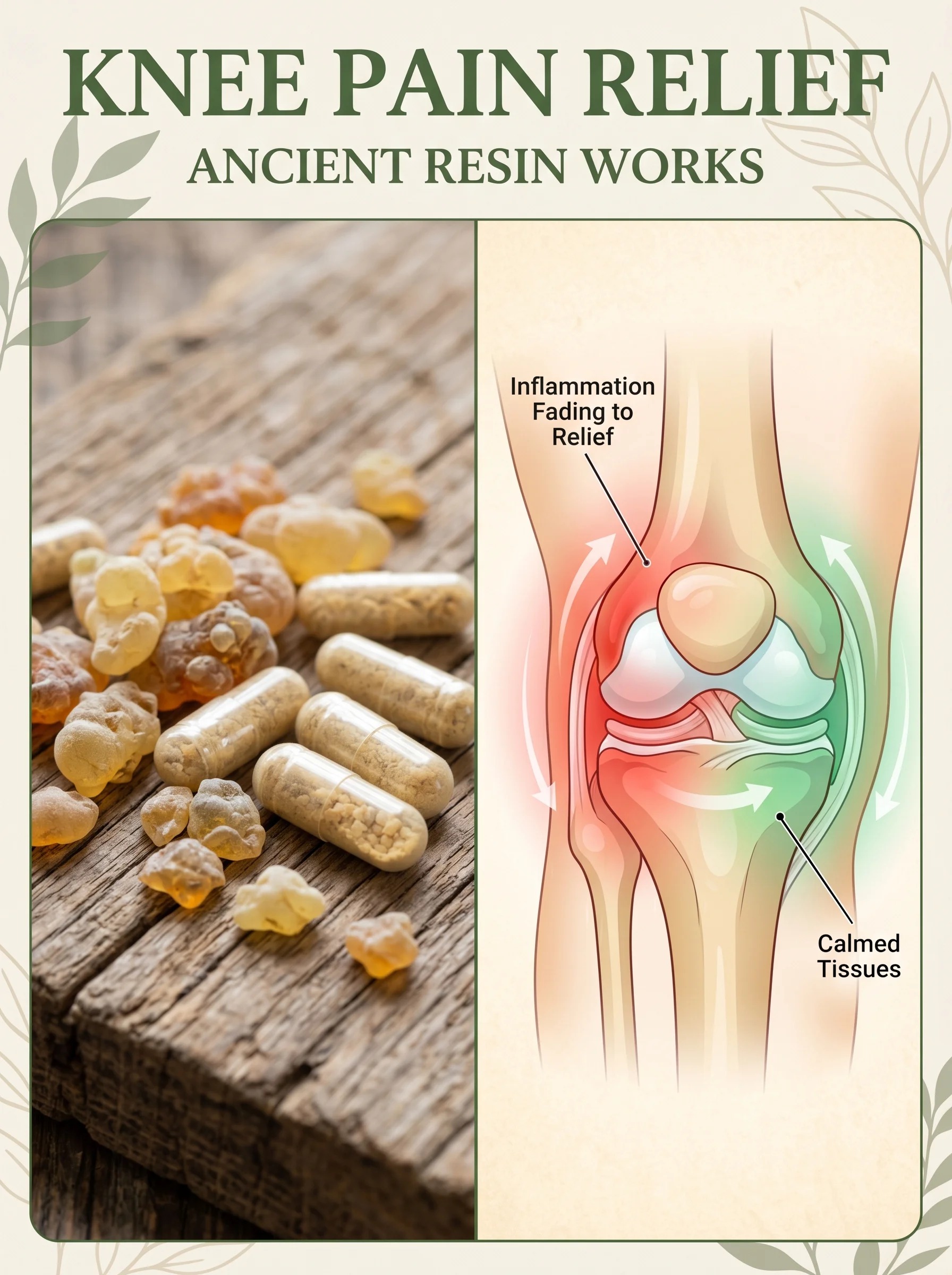 Boswellia resin beside an illustration of a knee joint with reduced inflammation and improved mobility