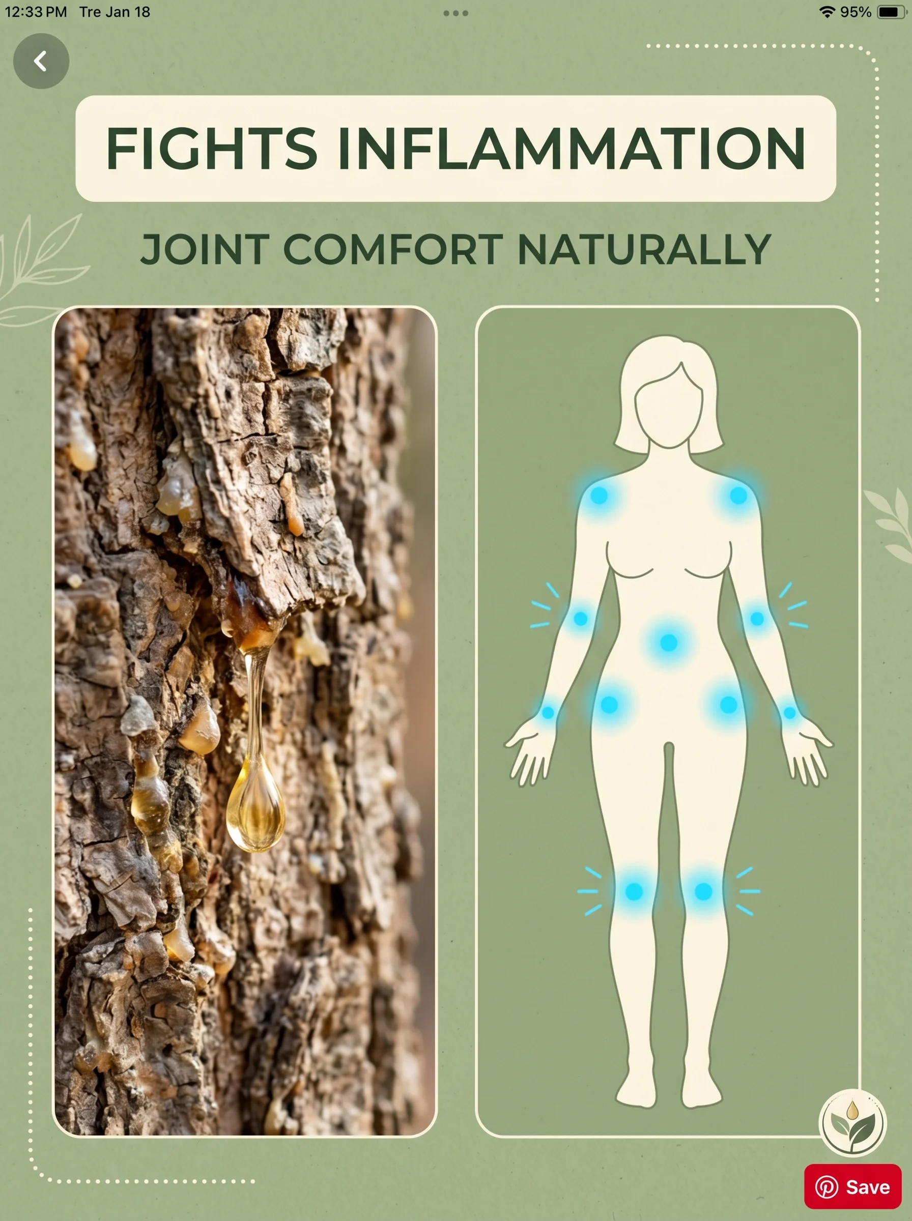 Boswellia capsules beside an illustration showing inflammation markers dropping in the body