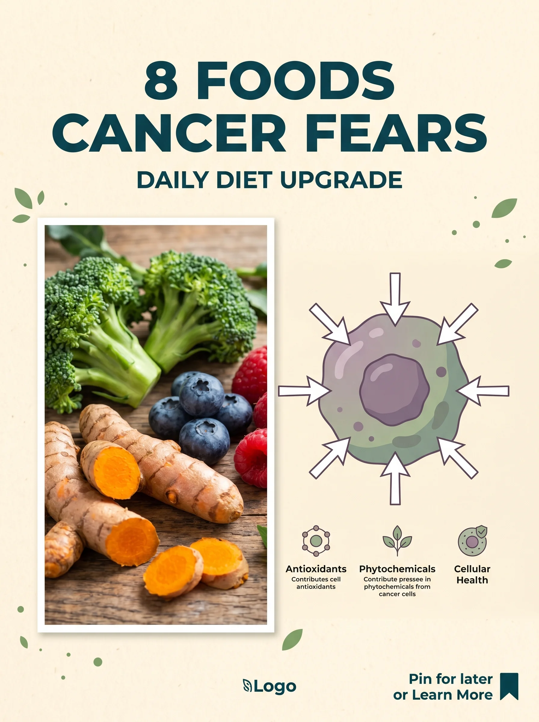 Selection of broccoli, garlic, berries and turmeric beside an illustration of healthy cells