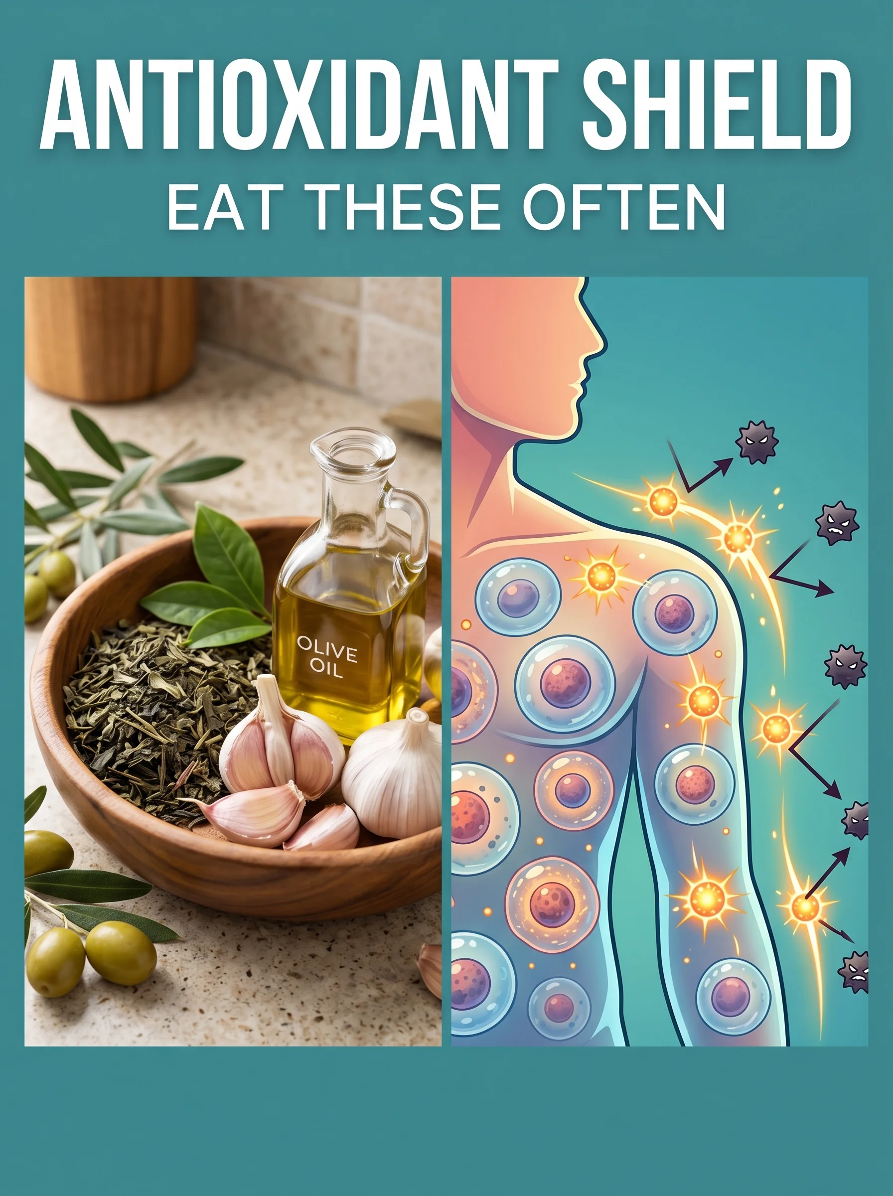 Bowl of mixed berries beside an illustration of antioxidants neutralizing free radicals in the body