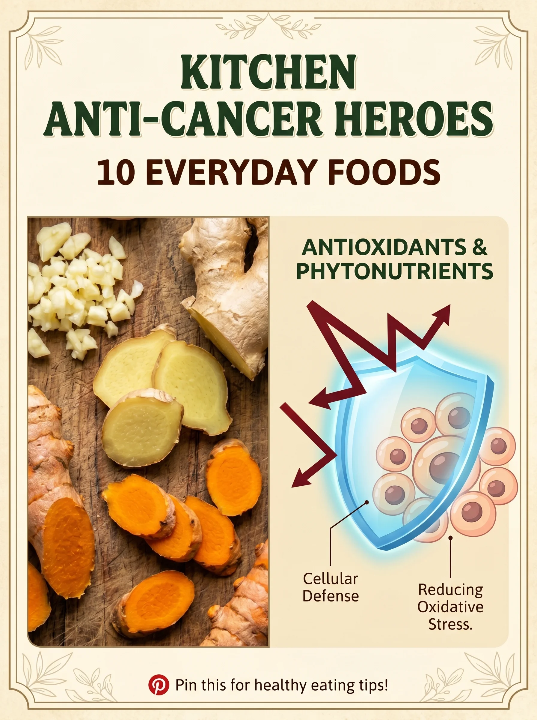 Kitchen counter with cruciferous veggies, garlic and turmeric beside a label saying cancer-fighting foods