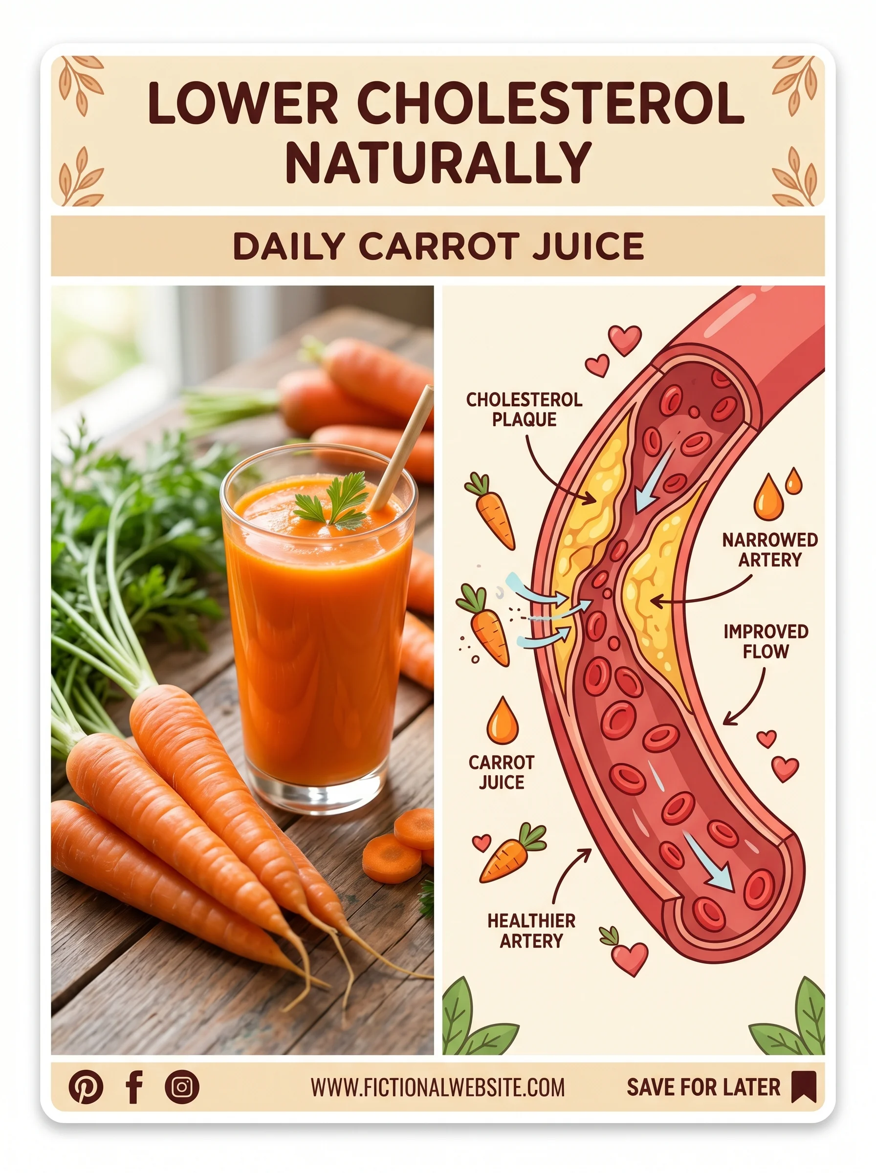 Glass of fresh carrot juice beside a graph illustration showing falling LDL cholesterol numbers
