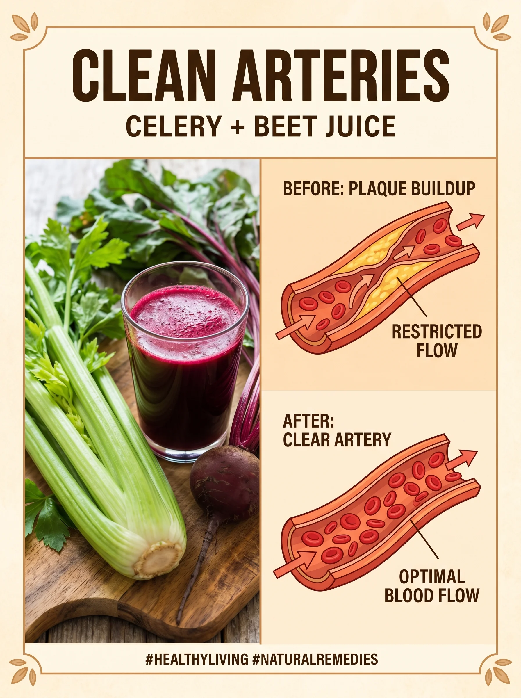 Glass of red beet-and-celery juice beside an illustration of clean, plaque-free arteries