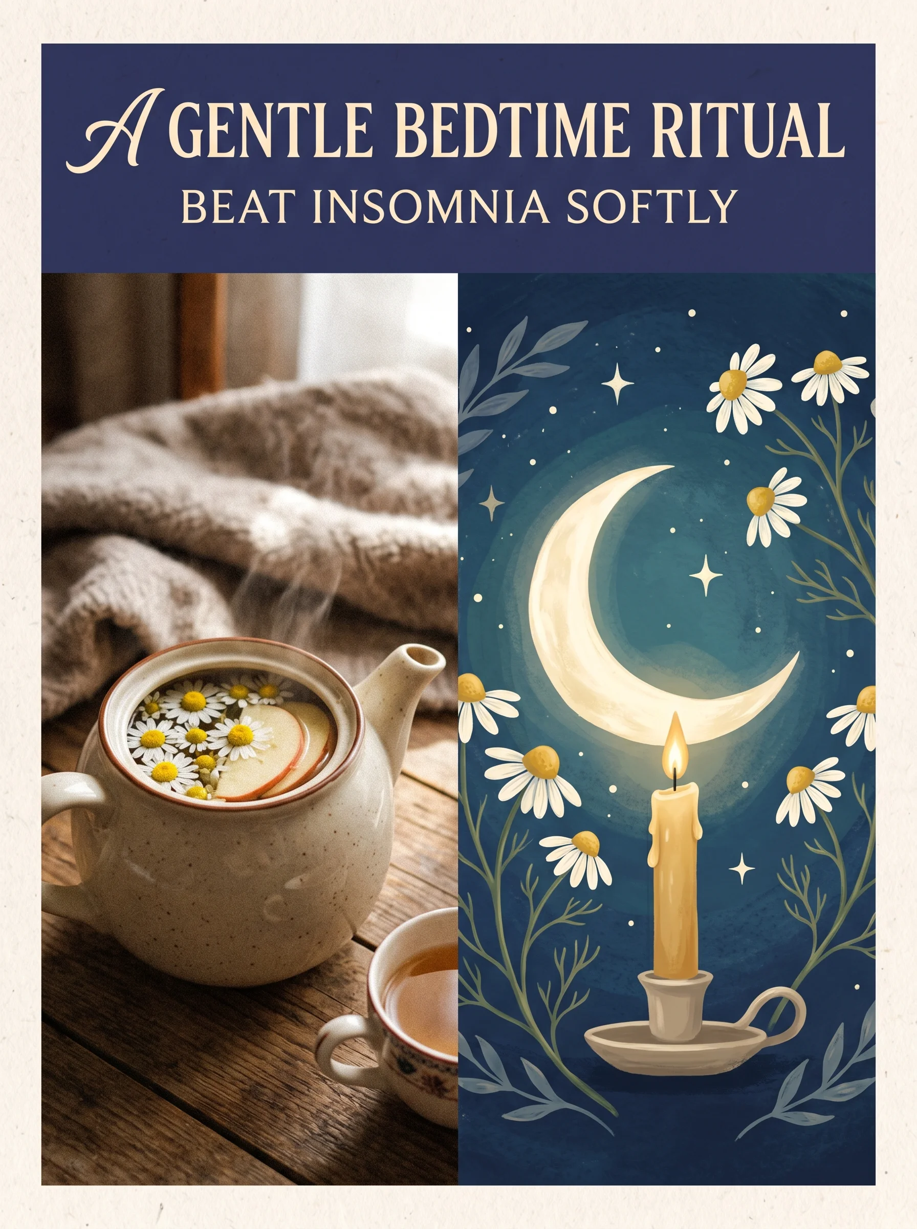 Bedside table with chamomile tea, book and dim lamp showing a calming bedtime ritual