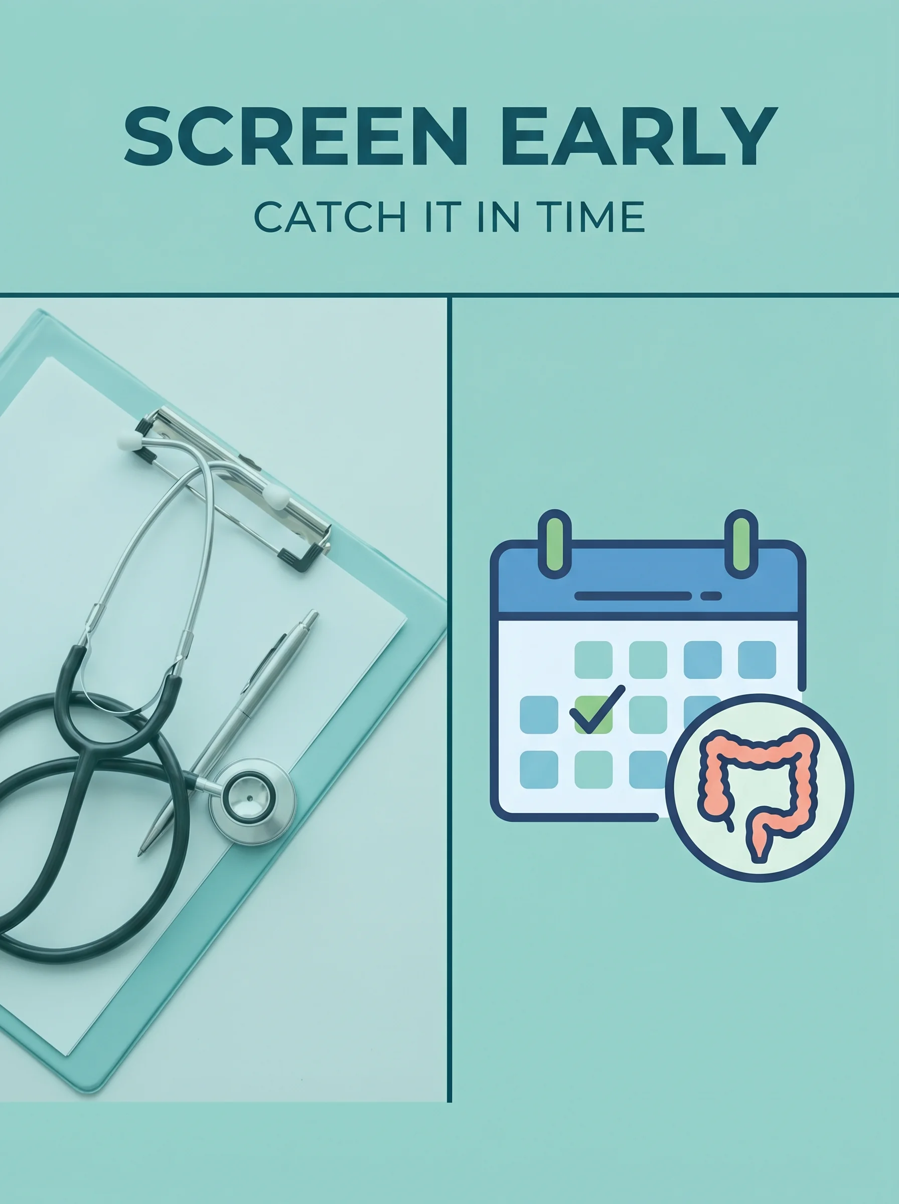 Person at a colonoscopy screening clinic beside an illustration of a healthy colon