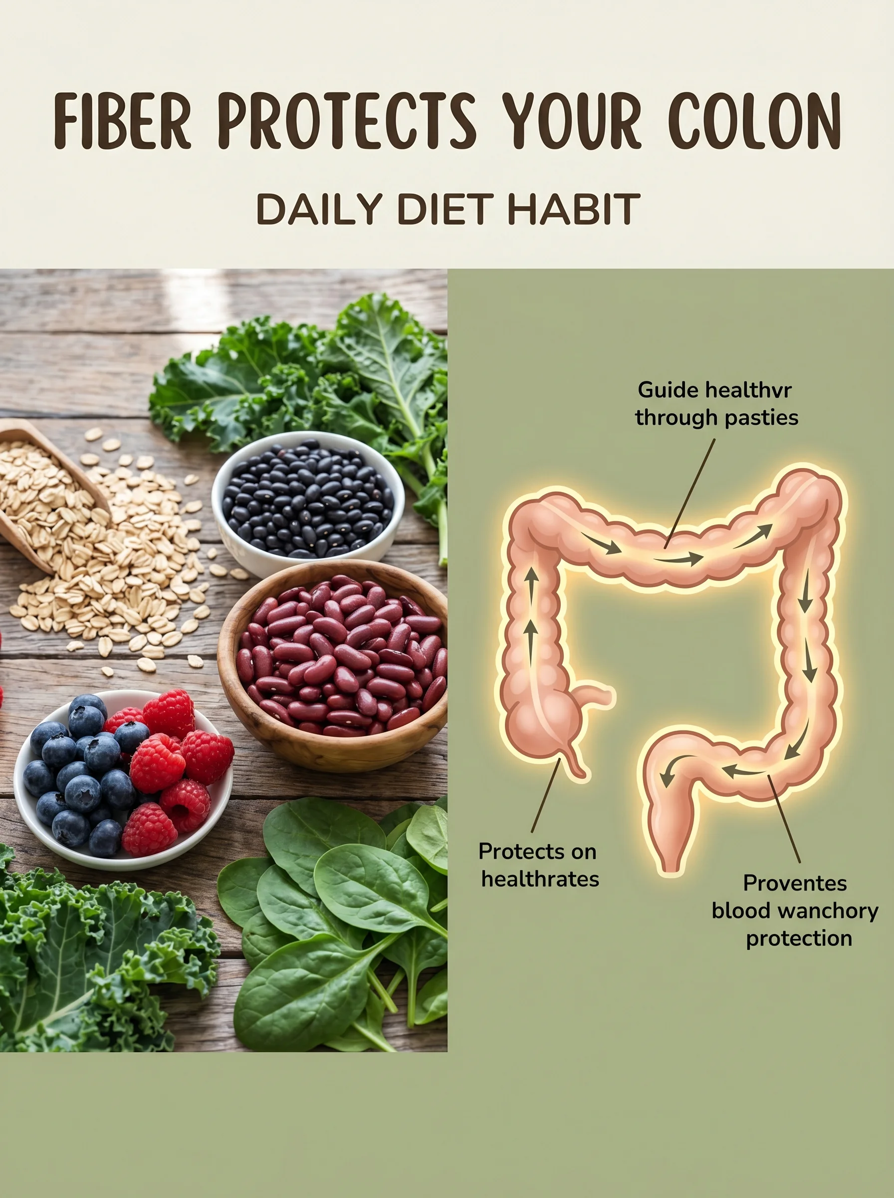 Bowl of high-fiber foods beside an illustration of a healthy fiber-protected colon