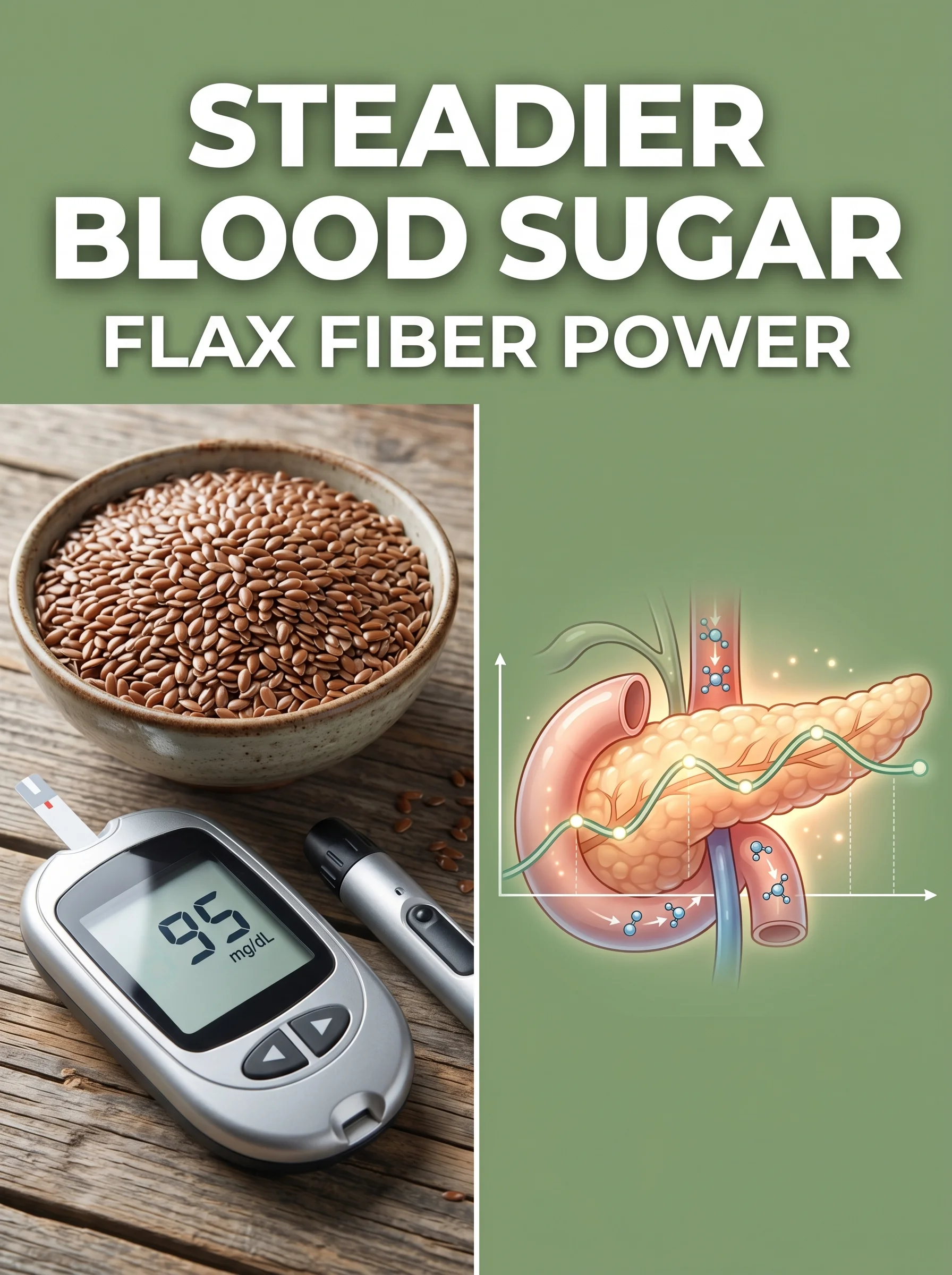 Flaxseeds beside a glucose monitor illustration showing stable blood-sugar levels