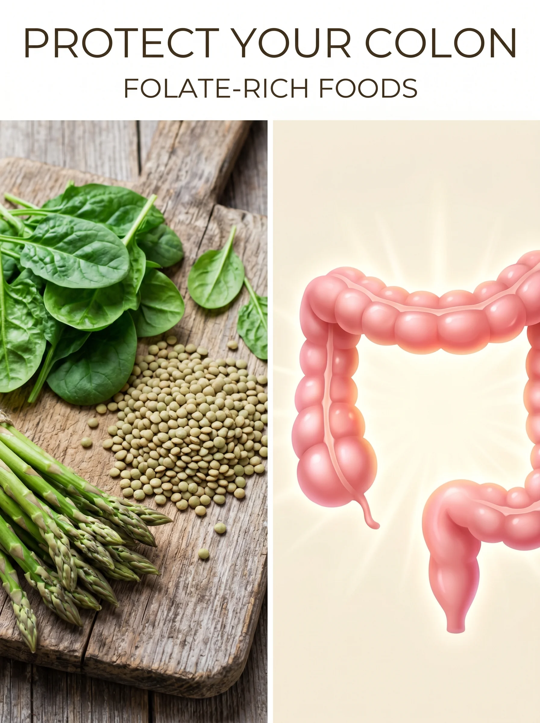 Spinach and lentils beside an illustration of a healthy colon protected by folate