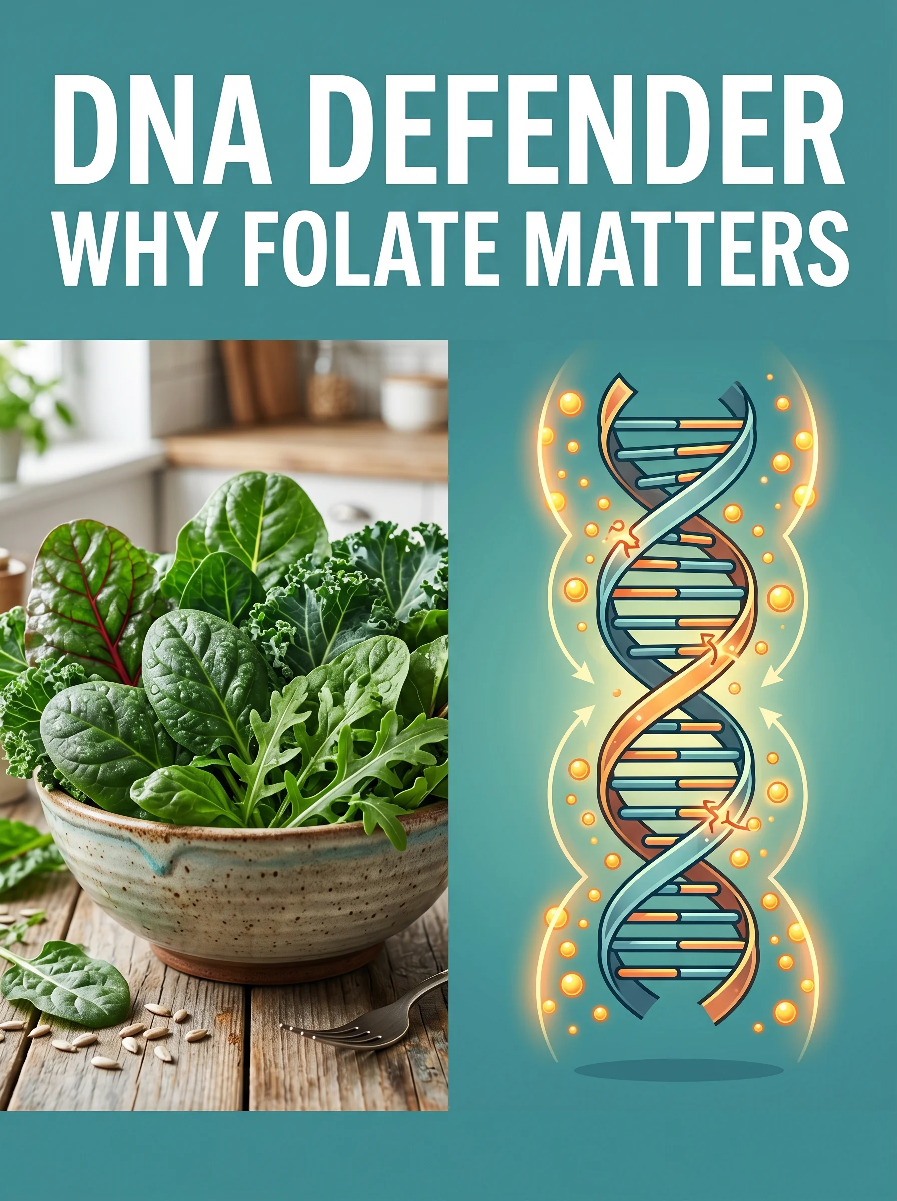 Leafy greens beside a glowing DNA helix illustration showing folate's role in DNA repair
