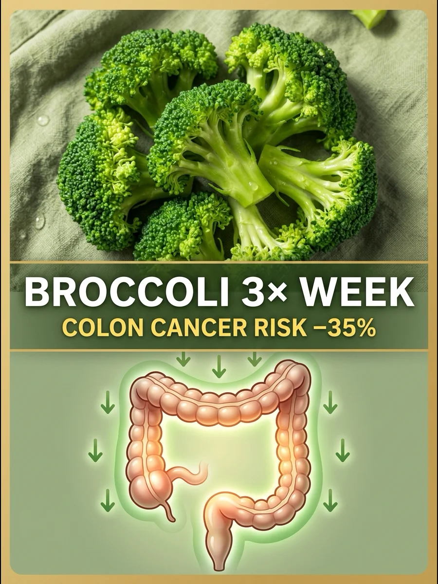 Fresh steamed broccoli florets above a glowing healthy colon illustration showing that broccoli three times a week lowers colon cancer risk by 35 percent