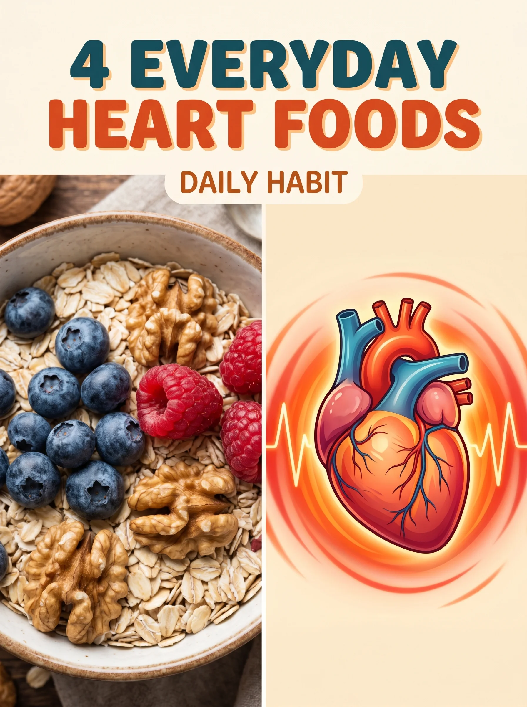 Selection of berries, fish, leafy greens and olive oil beside a healthy heart illustration