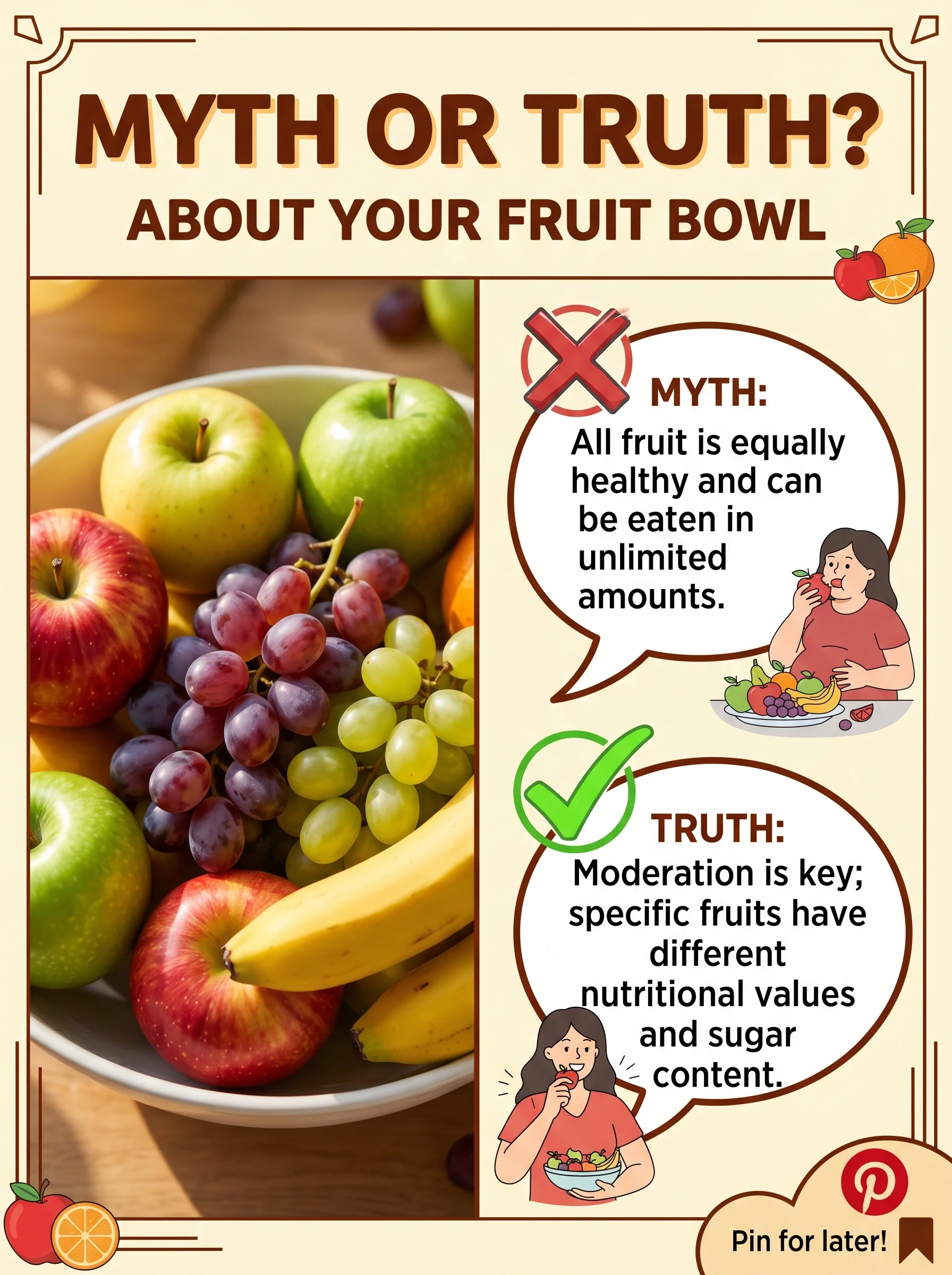 Plate of mixed fruits beside a chalkboard illustration listing common fruit myths and truths