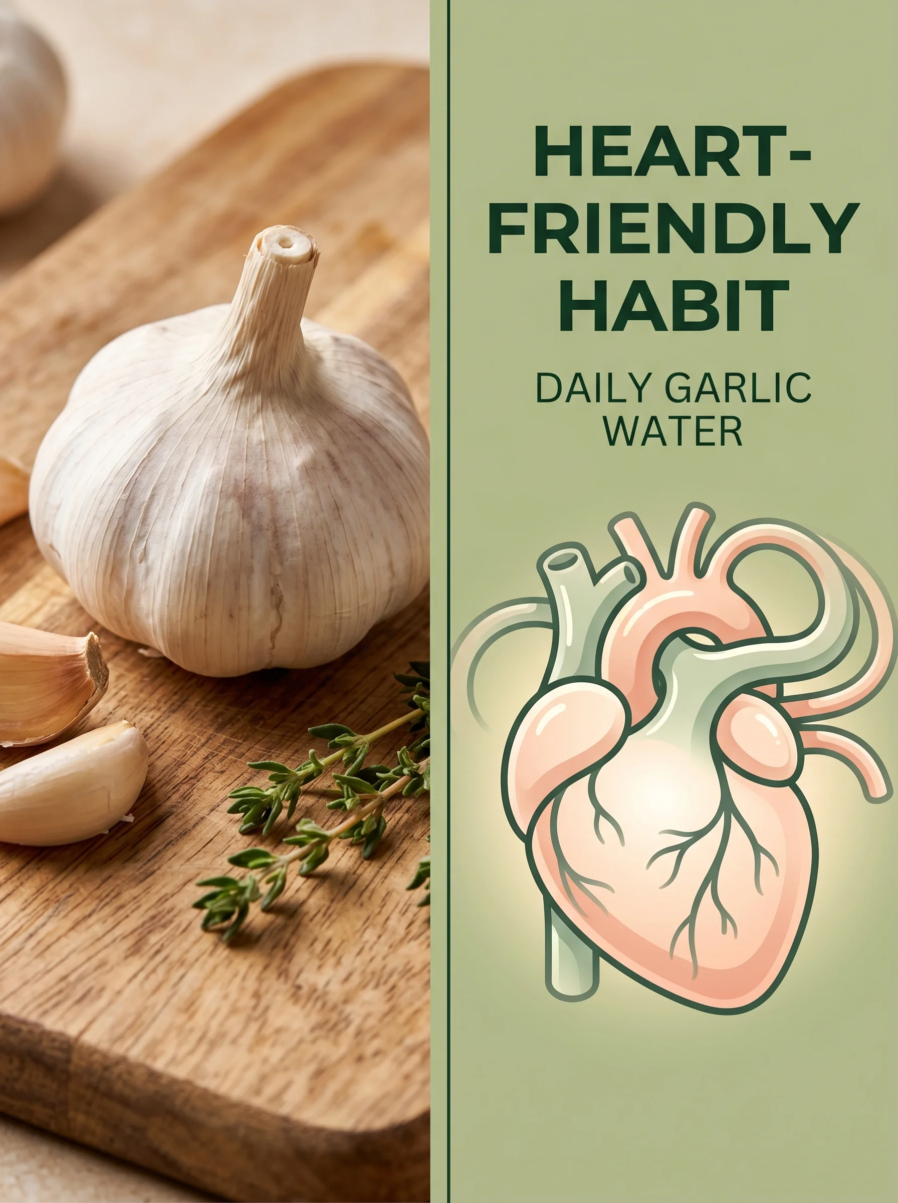 Pinterest panel: left photo of a head of garlic on a wooden board; right illustrated heart with smooth arteries, warm sage background