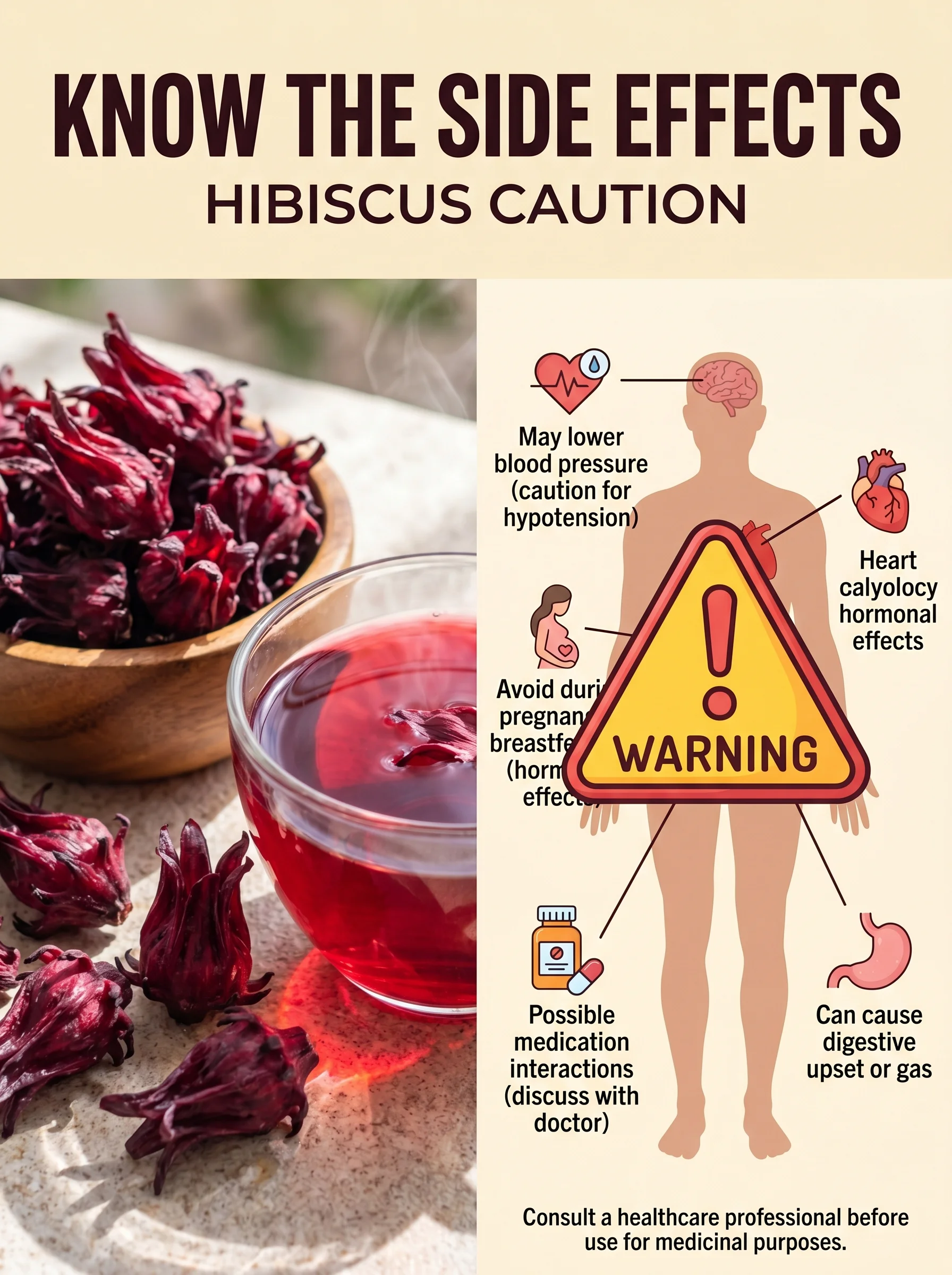 Pinterest panel: left close-up of dried hibiscus flowers and ruby tea; right illustrated warning icon over a body silhouette, warm cream background