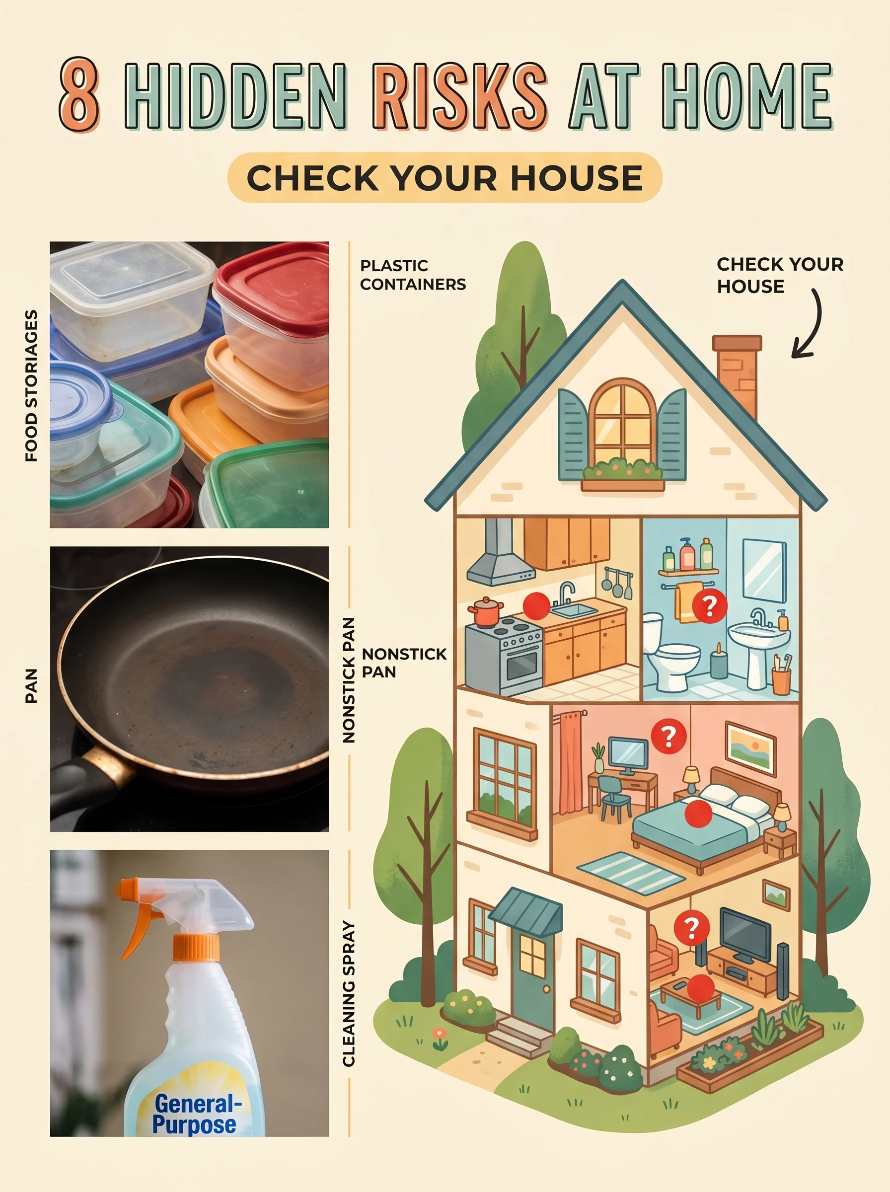 Pinterest panel: left close-up of plastic containers, nonstick pan, cleaning spray; right illustrated home with warning dots, warm cream background