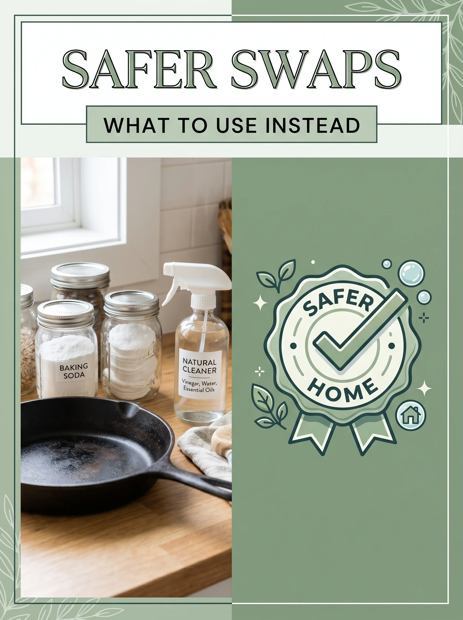 Pinterest panel: left photo of glass containers, cast iron pan, natural cleaner; right illustrated safer-home badge with checkmark, warm sage background