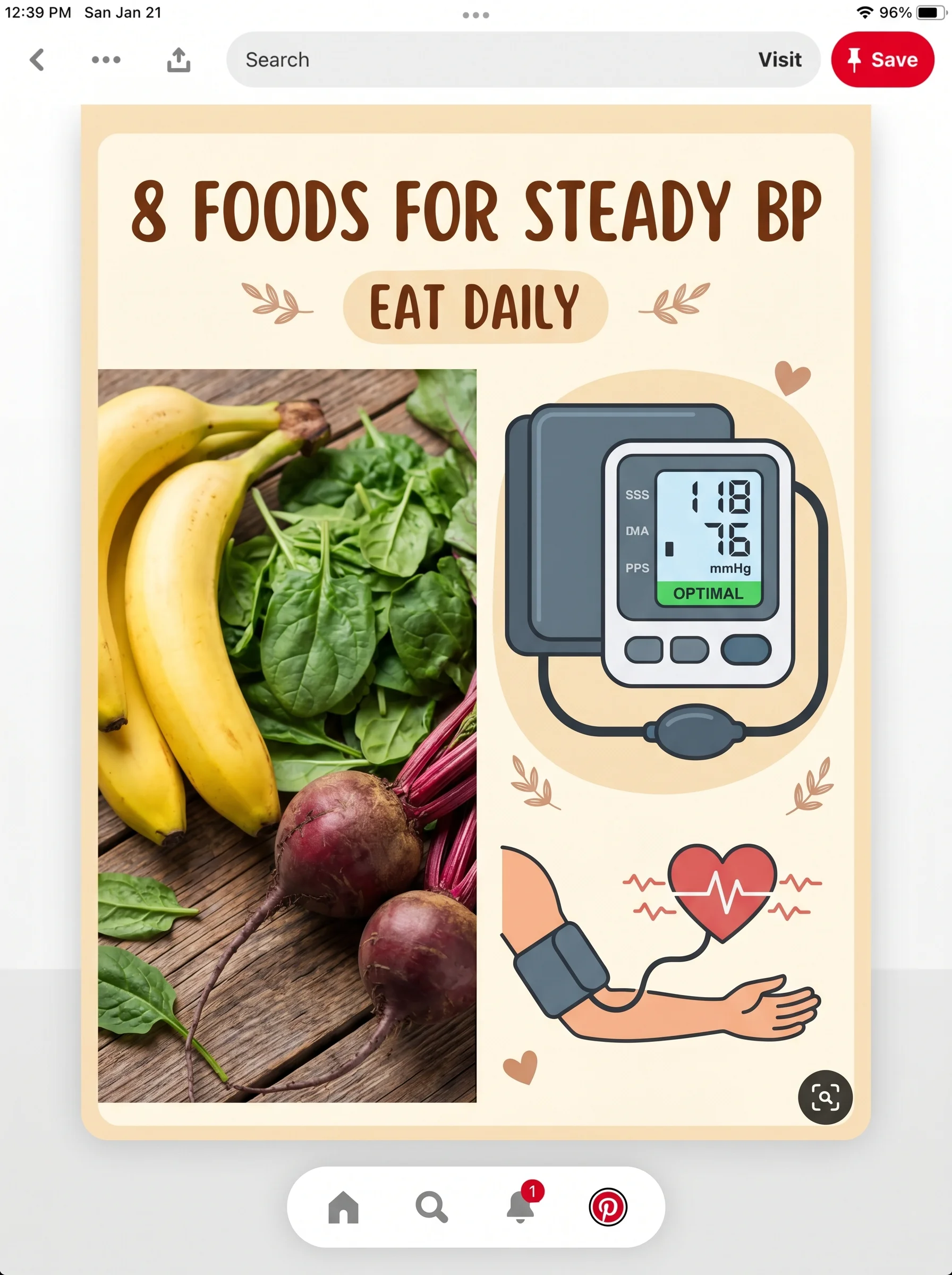 Selection of bananas, leafy greens and beets beside a blood-pressure cuff showing healthy reading