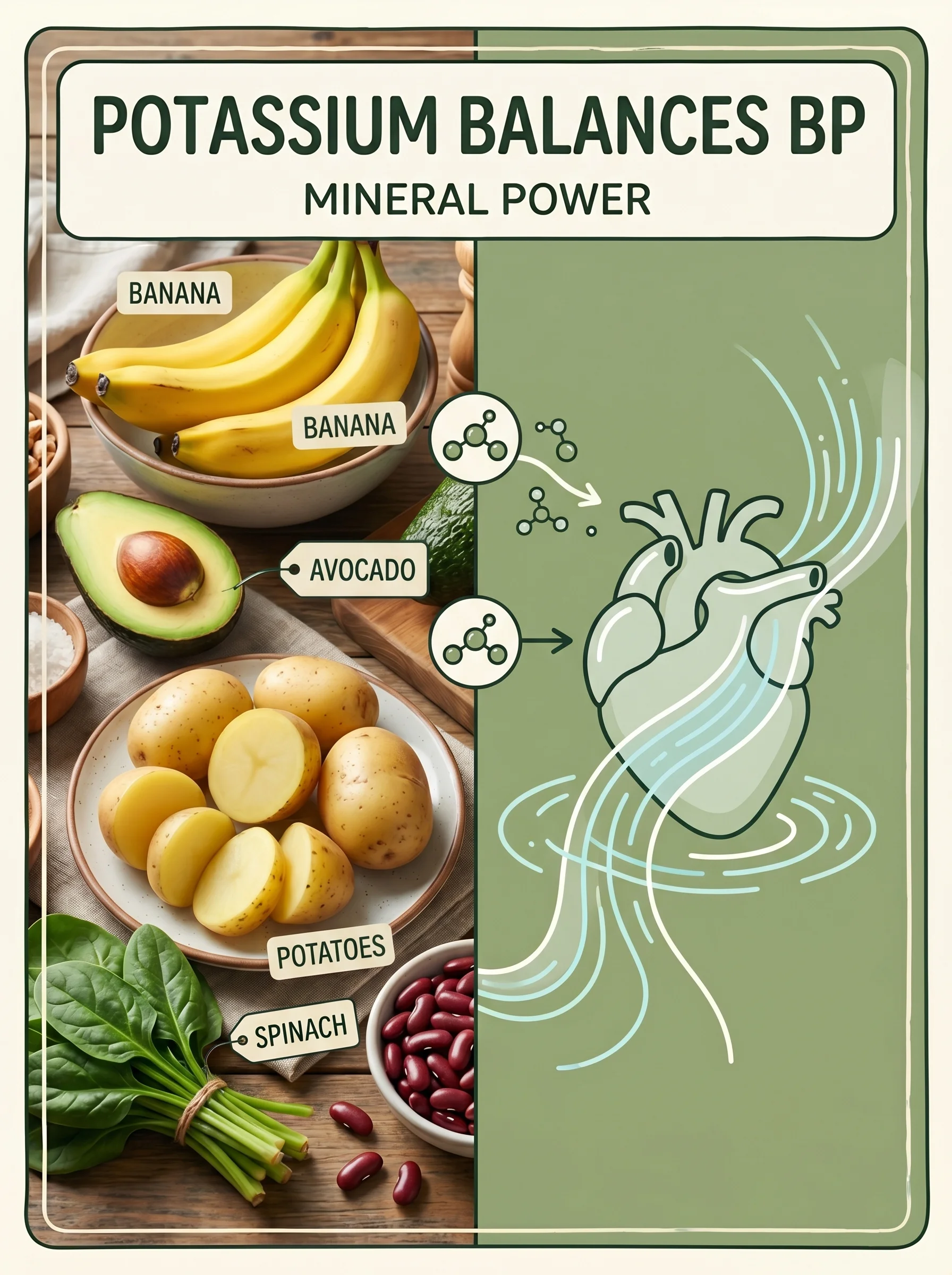 Banana, avocado and sweet potato beside an illustration of potassium balancing sodium