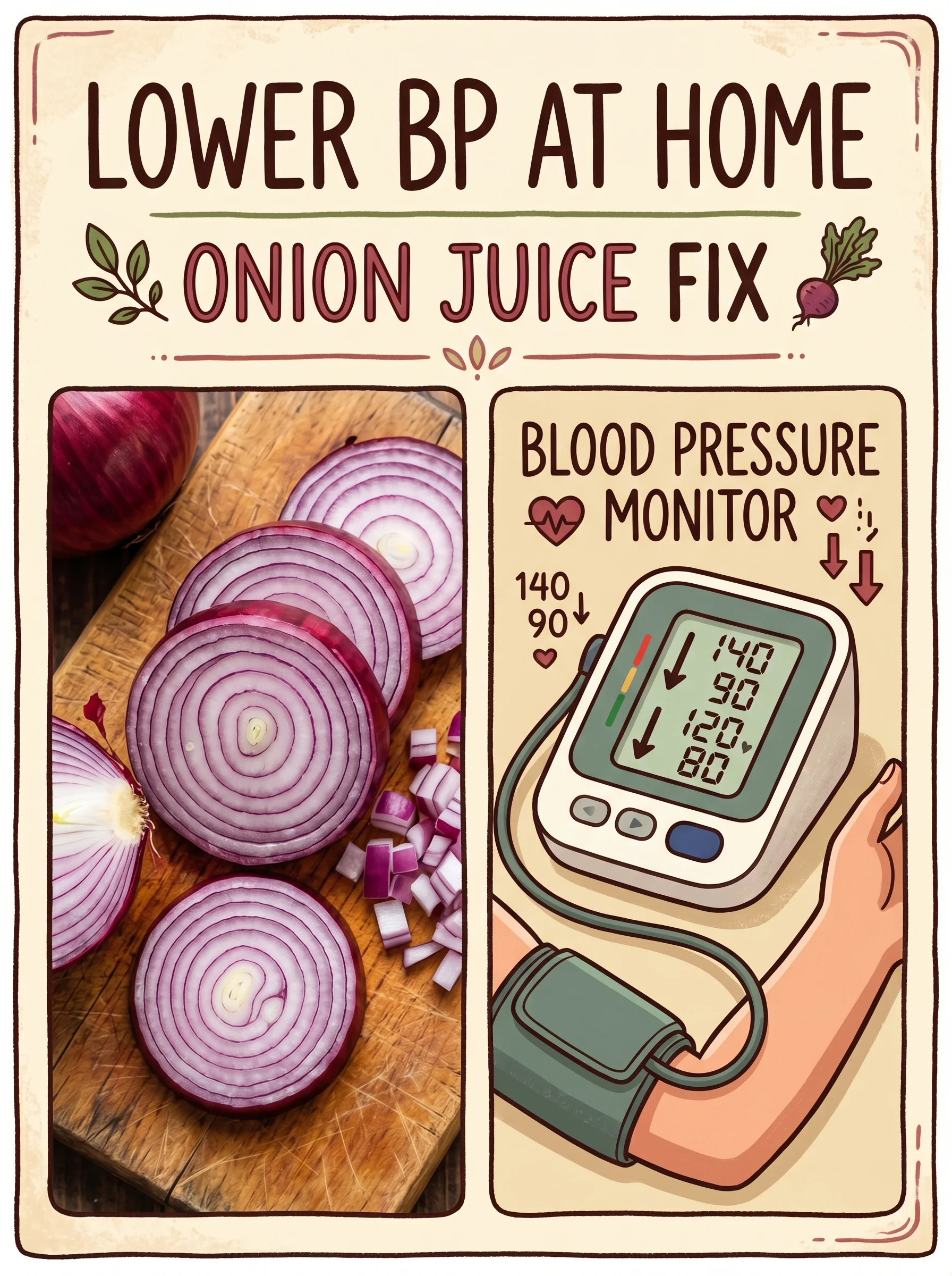 Pinterest panel: left close-up of sliced red onion on cutting board; right illustrated BP monitor with dropping numbers, warm cream background