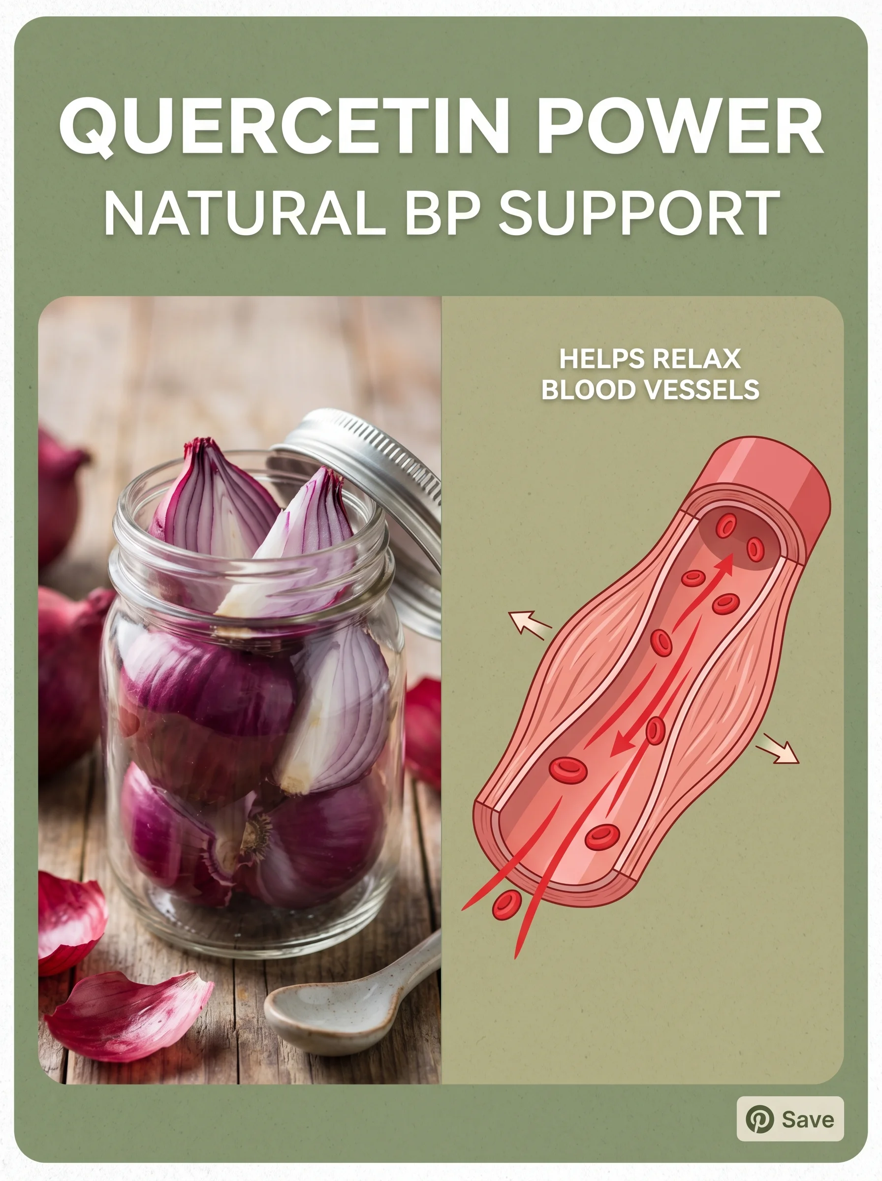 Pinterest panel: left photo of red onion quarters in a small jar; right illustrated artery relaxing with flow lines, warm sage background