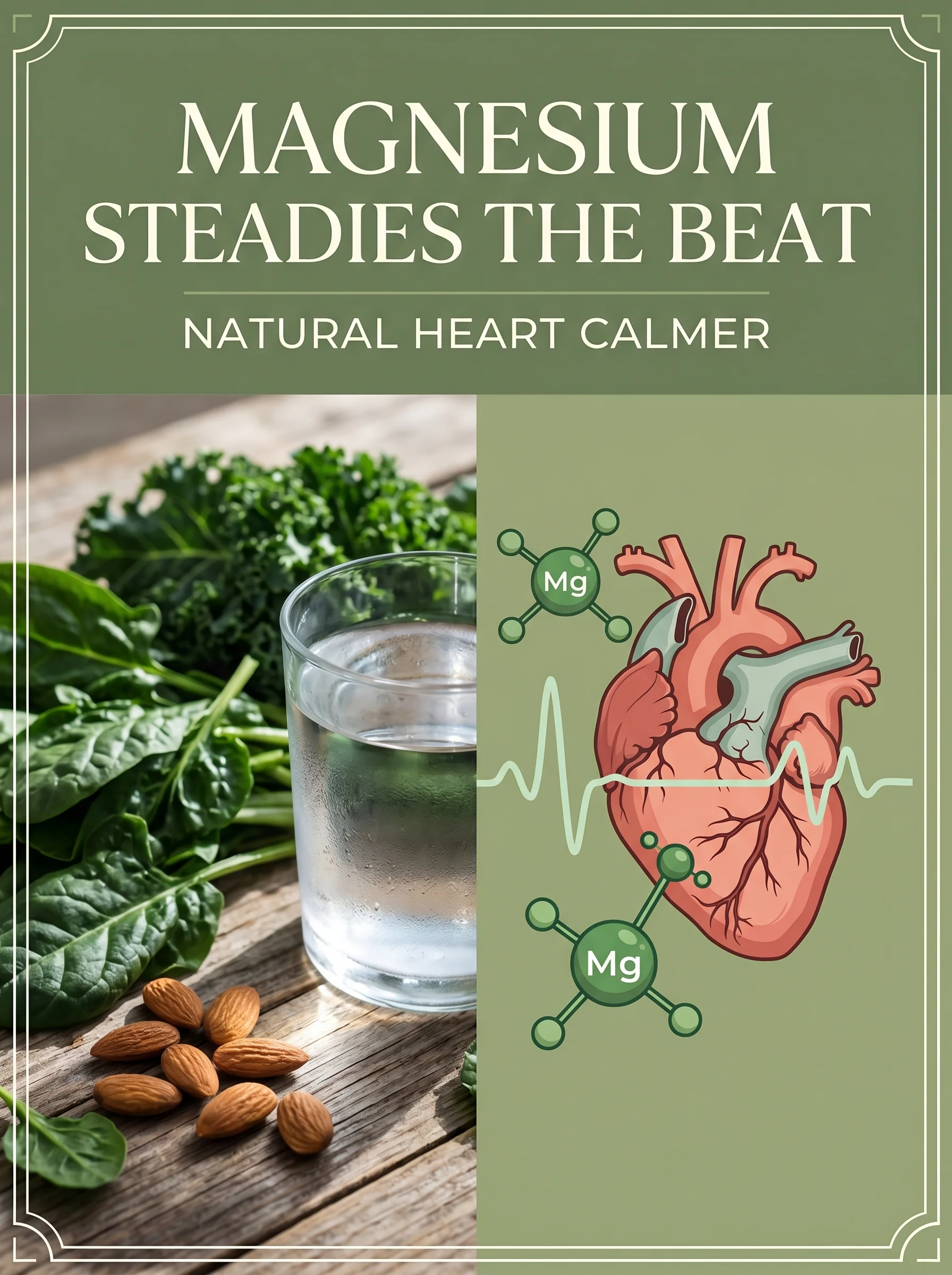 Magnesium-rich foods beside an illustration of a balanced electrical signal across the heart