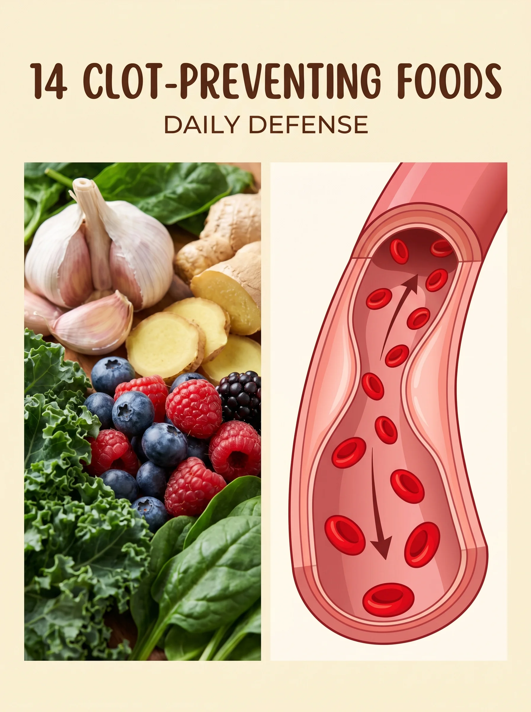 Garlic, ginger and turmeric beside an illustration of healthy flowing blood through open arteries