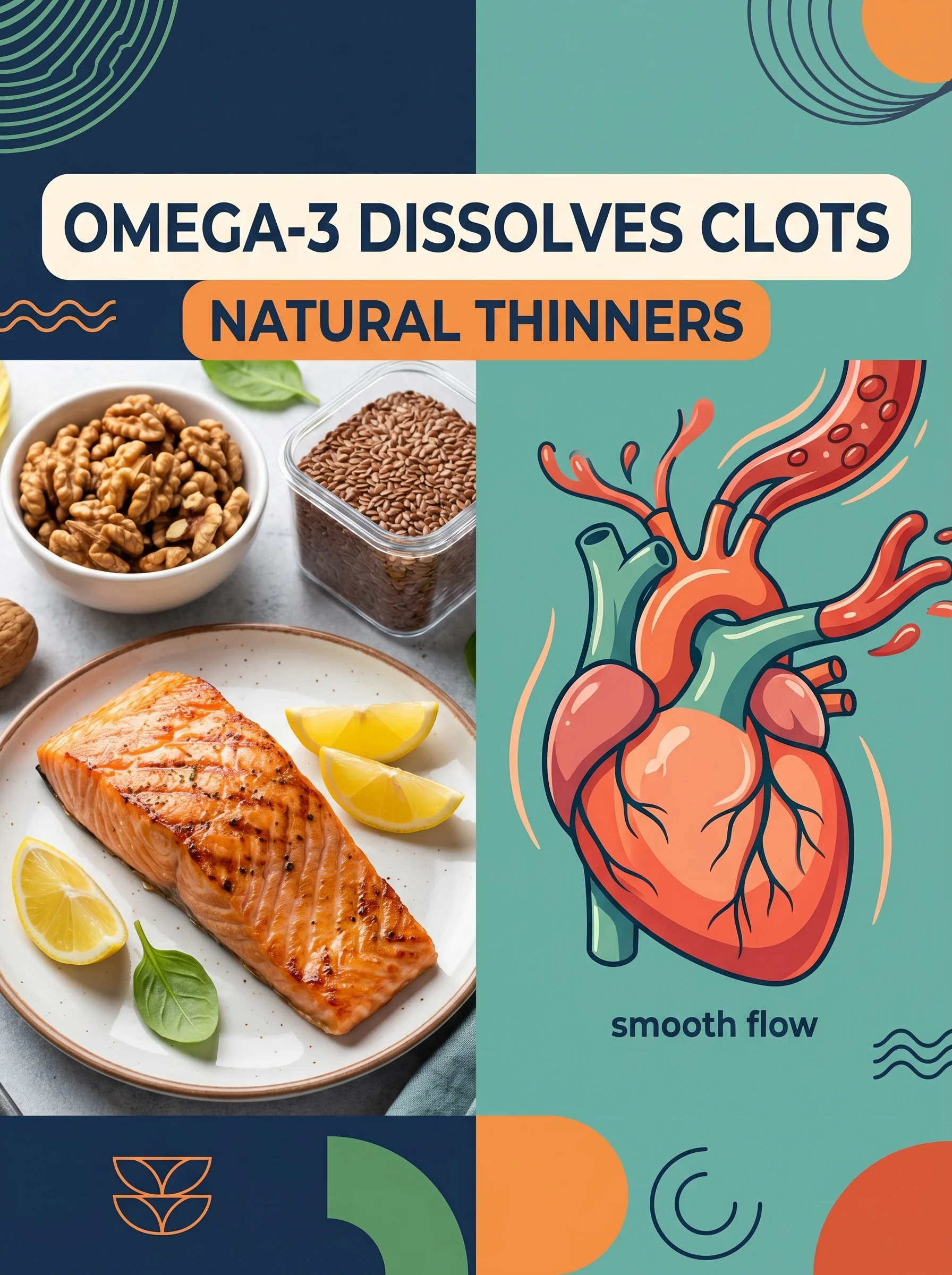 Salmon and walnuts beside an illustration of omega-3 molecules thinning blood naturally