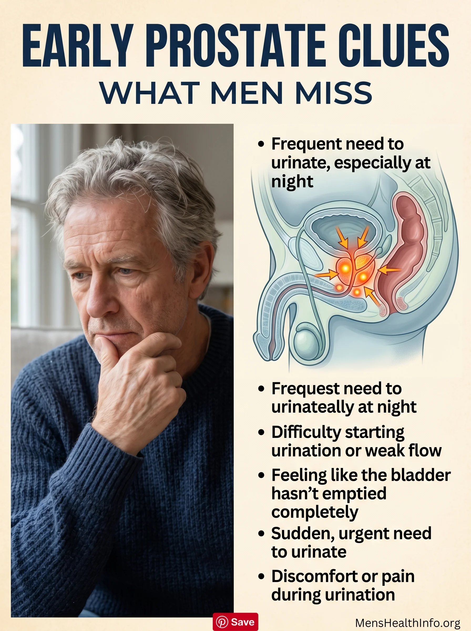 Older man pausing in concern beside an illustration of the prostate showing early-symptom zones