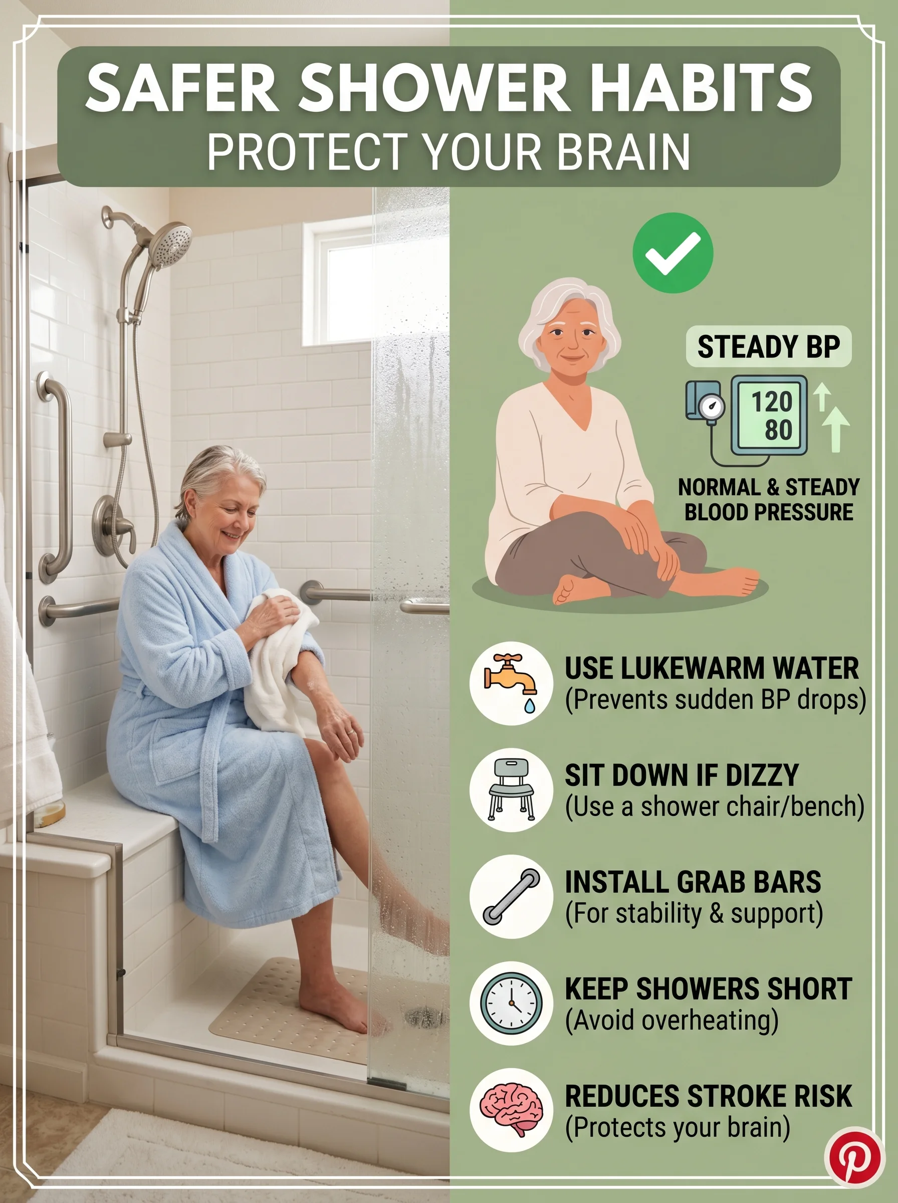 Pinterest panel: left photo of a warm but safe shower scene; right illustrated body with green checkmark and steady BP, warm sage background