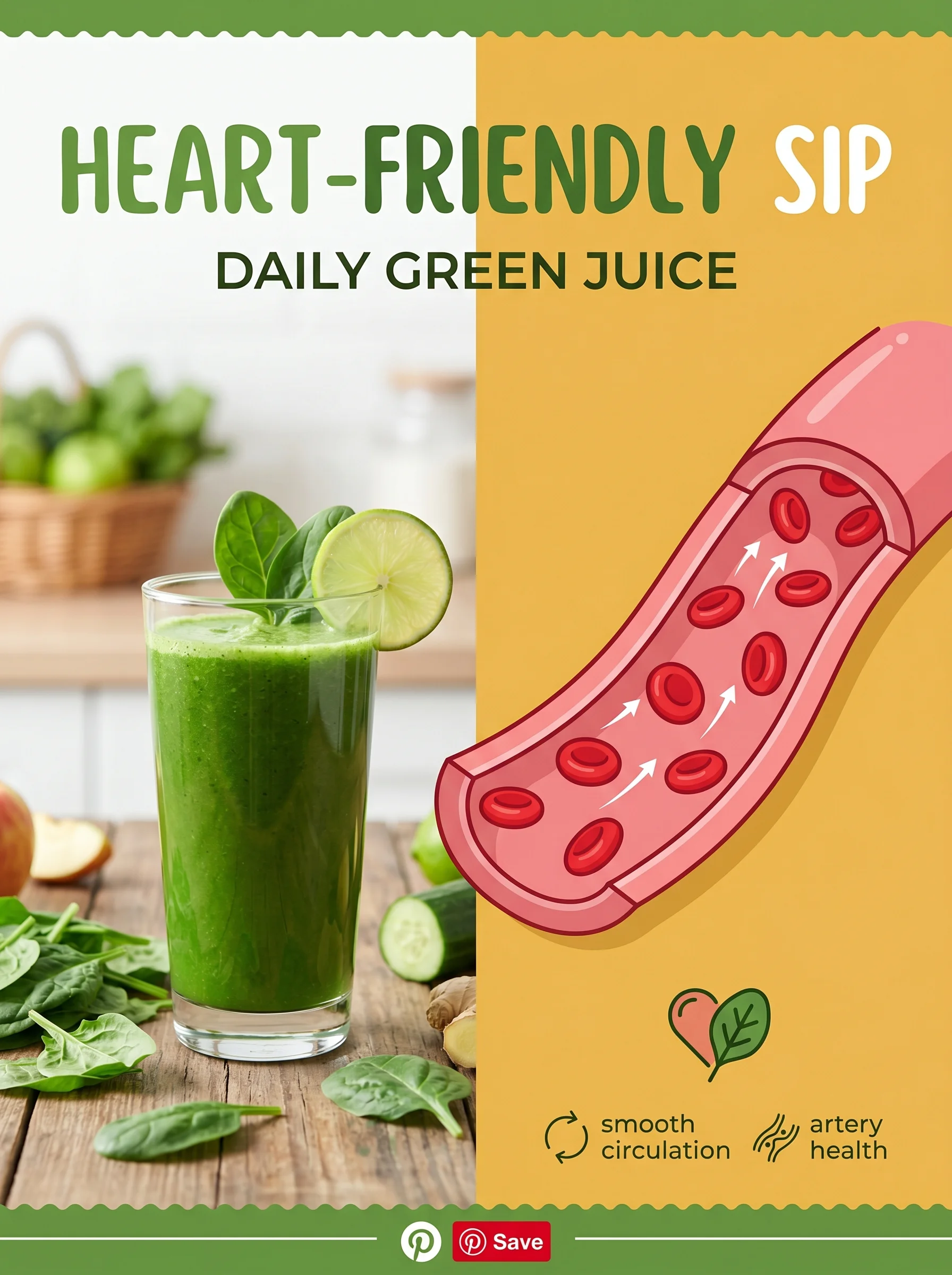 Pinterest panel: left photo of a green juice glass with spinach on wood; right illustrated clean artery with smooth flow, warm gold background