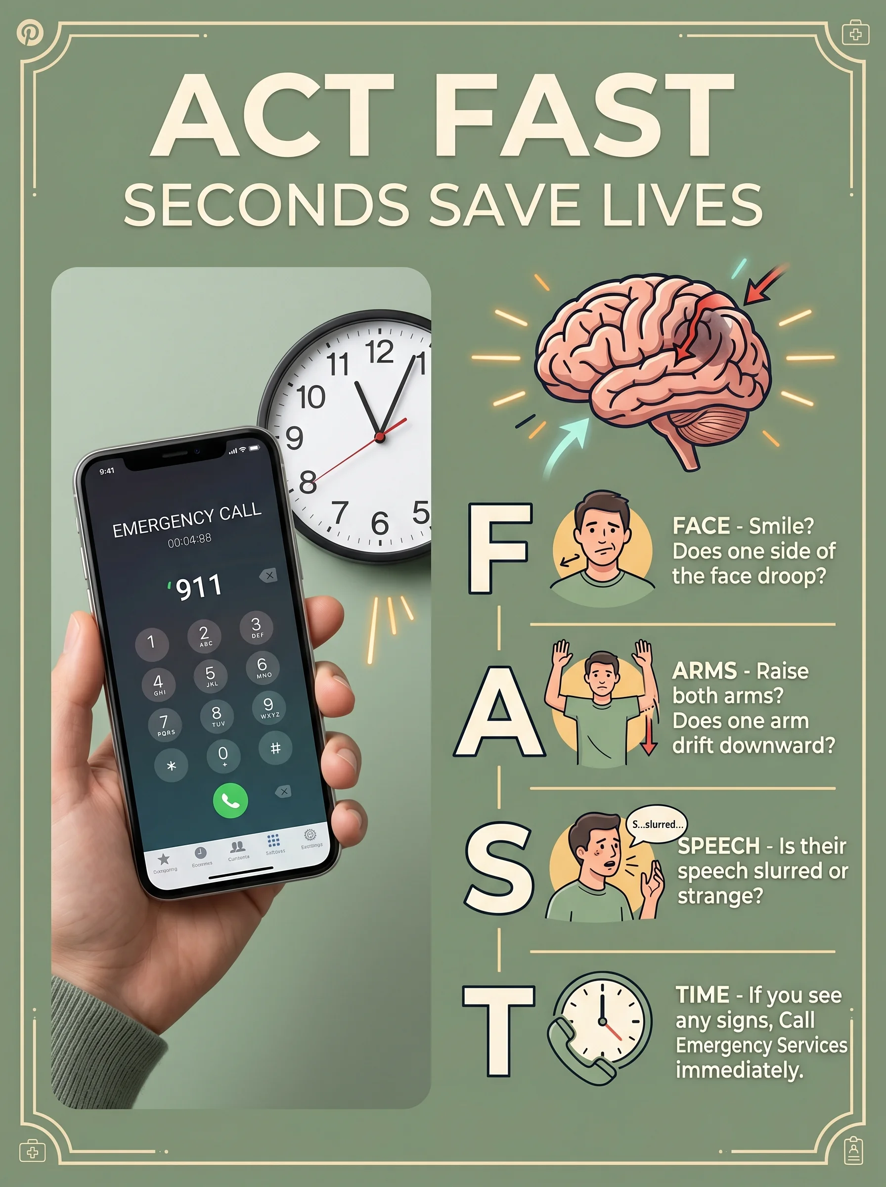Pinterest panel: left photo of a phone dialing emergency with clock; right illustrated FAST acronym chart and brain, warm sage background
