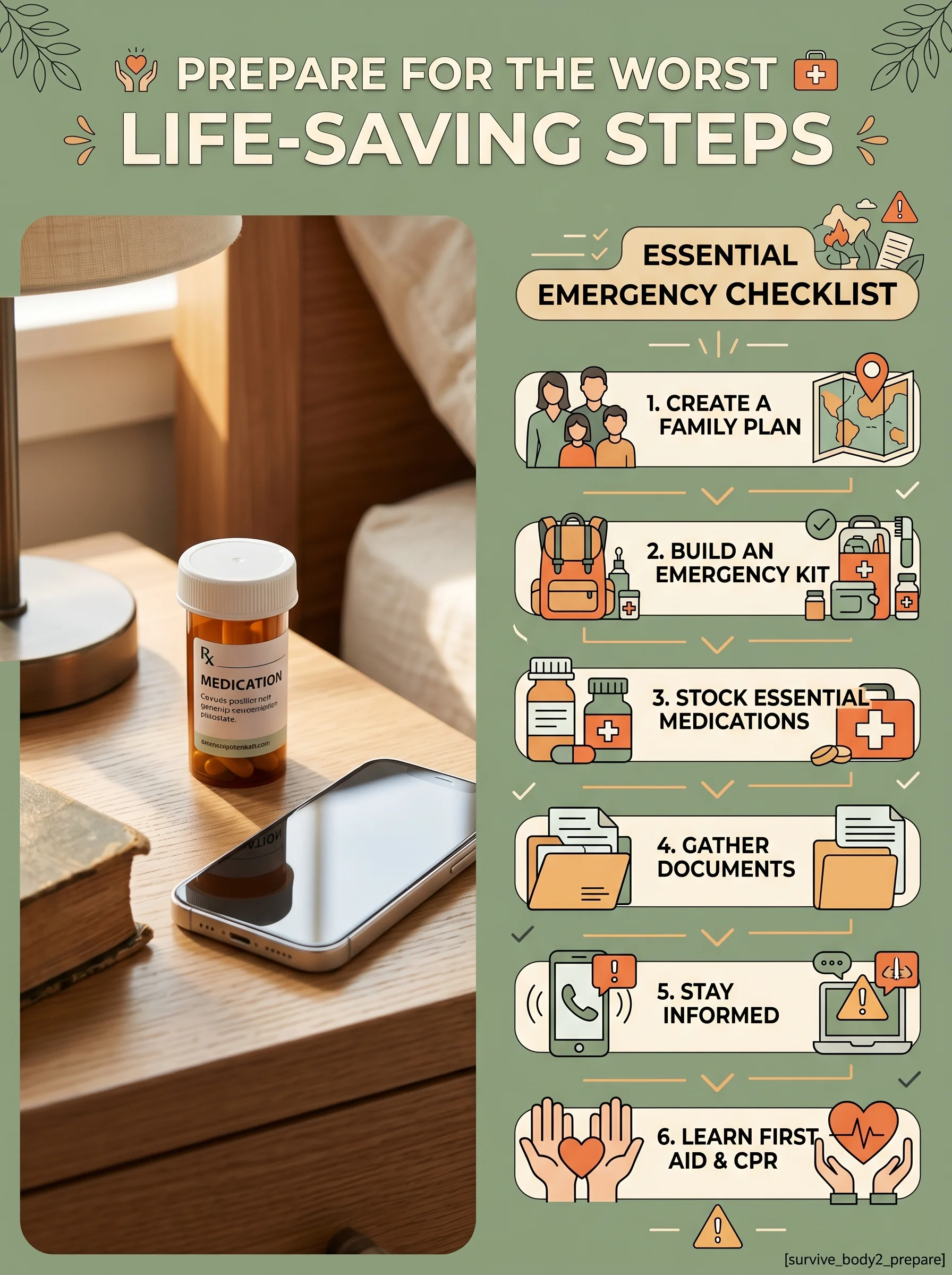 Pinterest panel: left photo of a small pill bottle and phone on bedside table; right illustrated emergency checklist, warm sage background