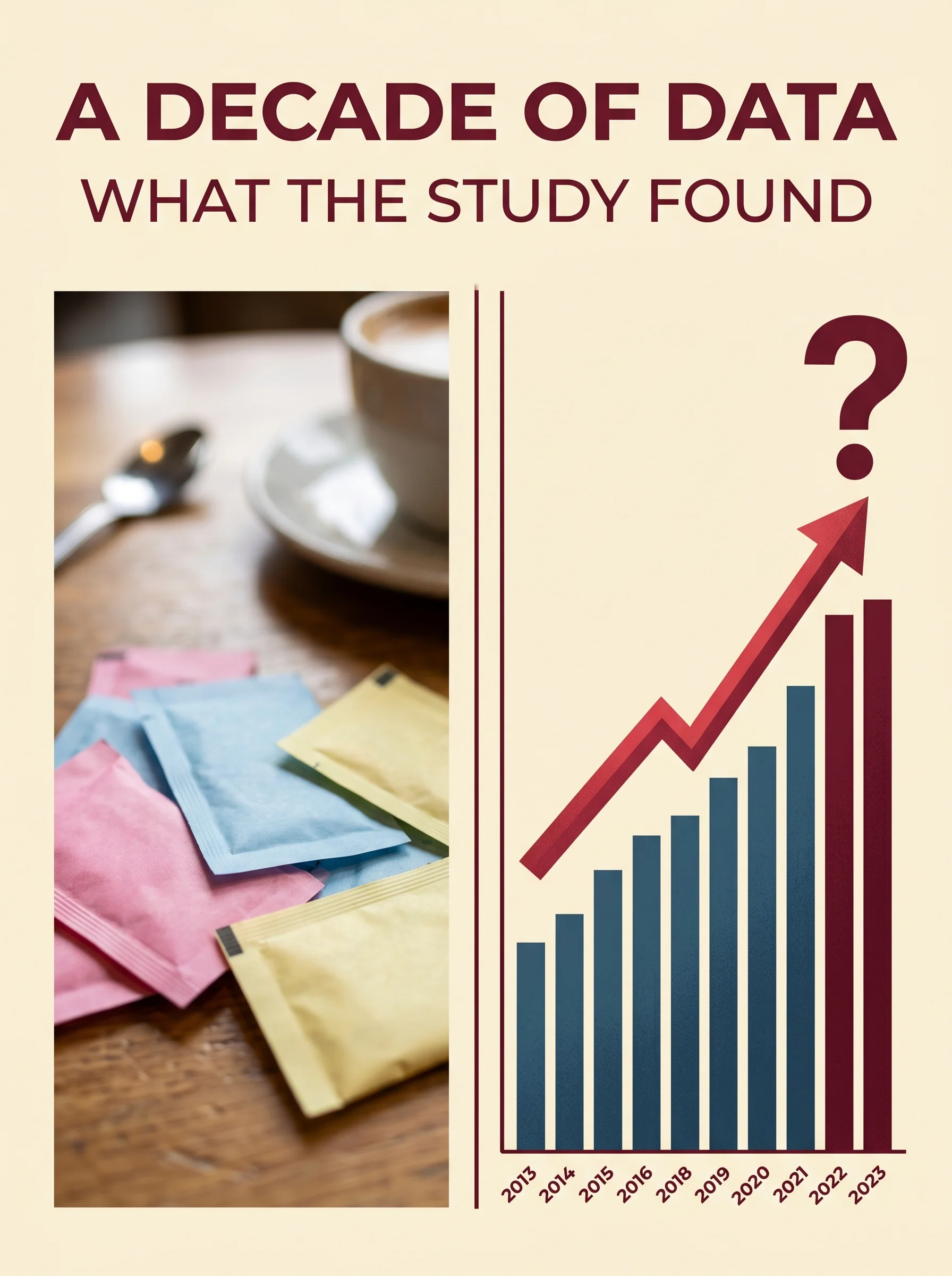 Packets of artificial sweeteners beside a research-paper illustration spanning multiple decades