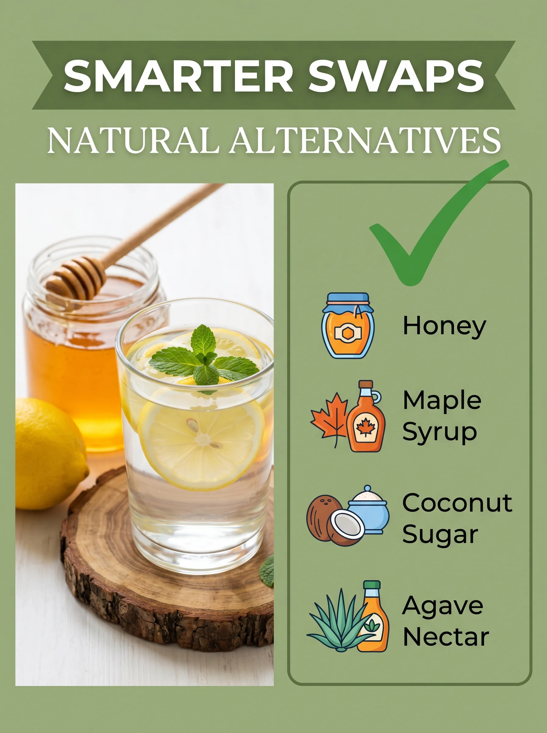 Honey, stevia and dates beside an illustration of cells thriving on natural sweeteners