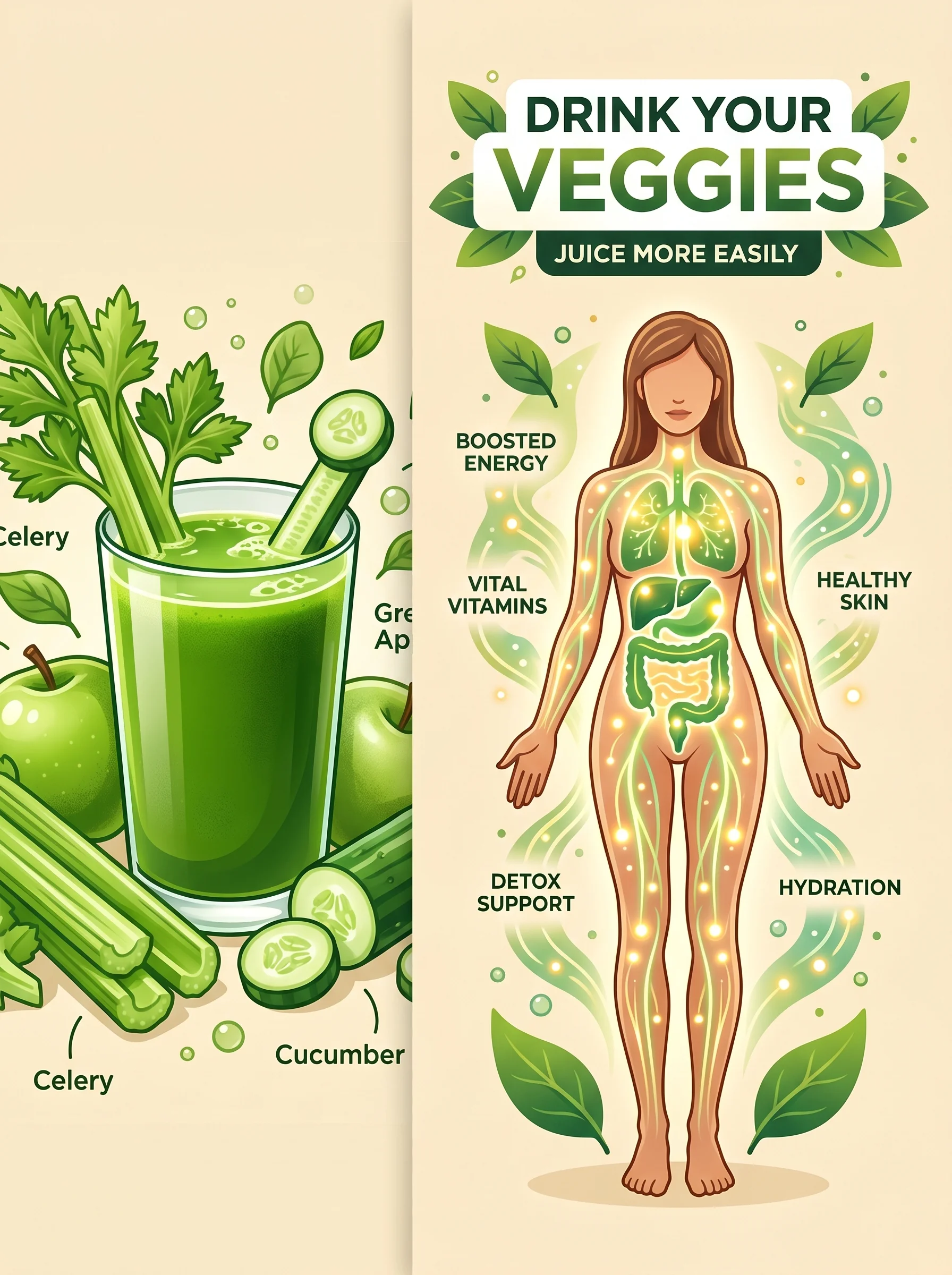 Glass of fresh green vegetable juice beside an illustration of a smiling healthy gut