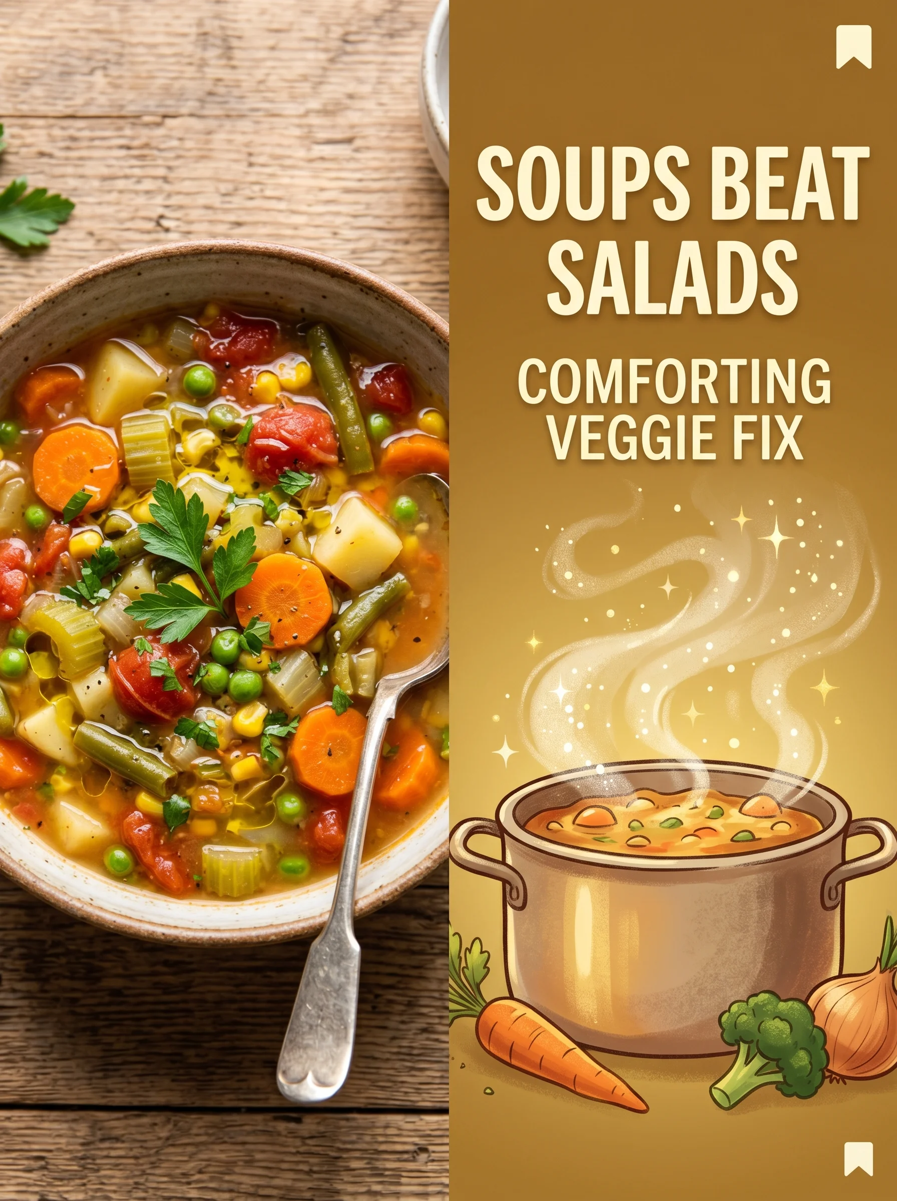 Hearty homemade vegetable soup beside an illustration of vitamins and minerals being absorbed