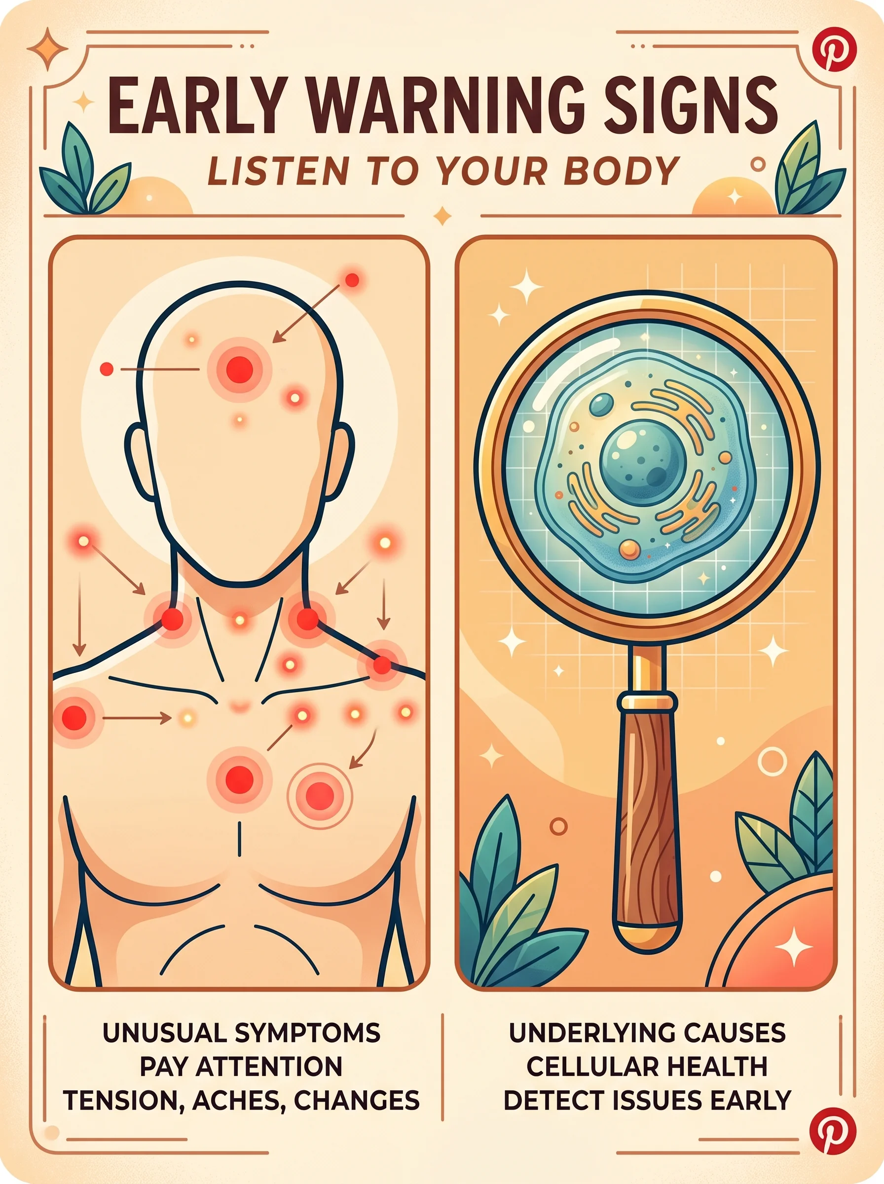 Pinterest panel: left close-up of a human silhouette with red warning dots; right illustrated magnifying glass on a cell, warm cream background