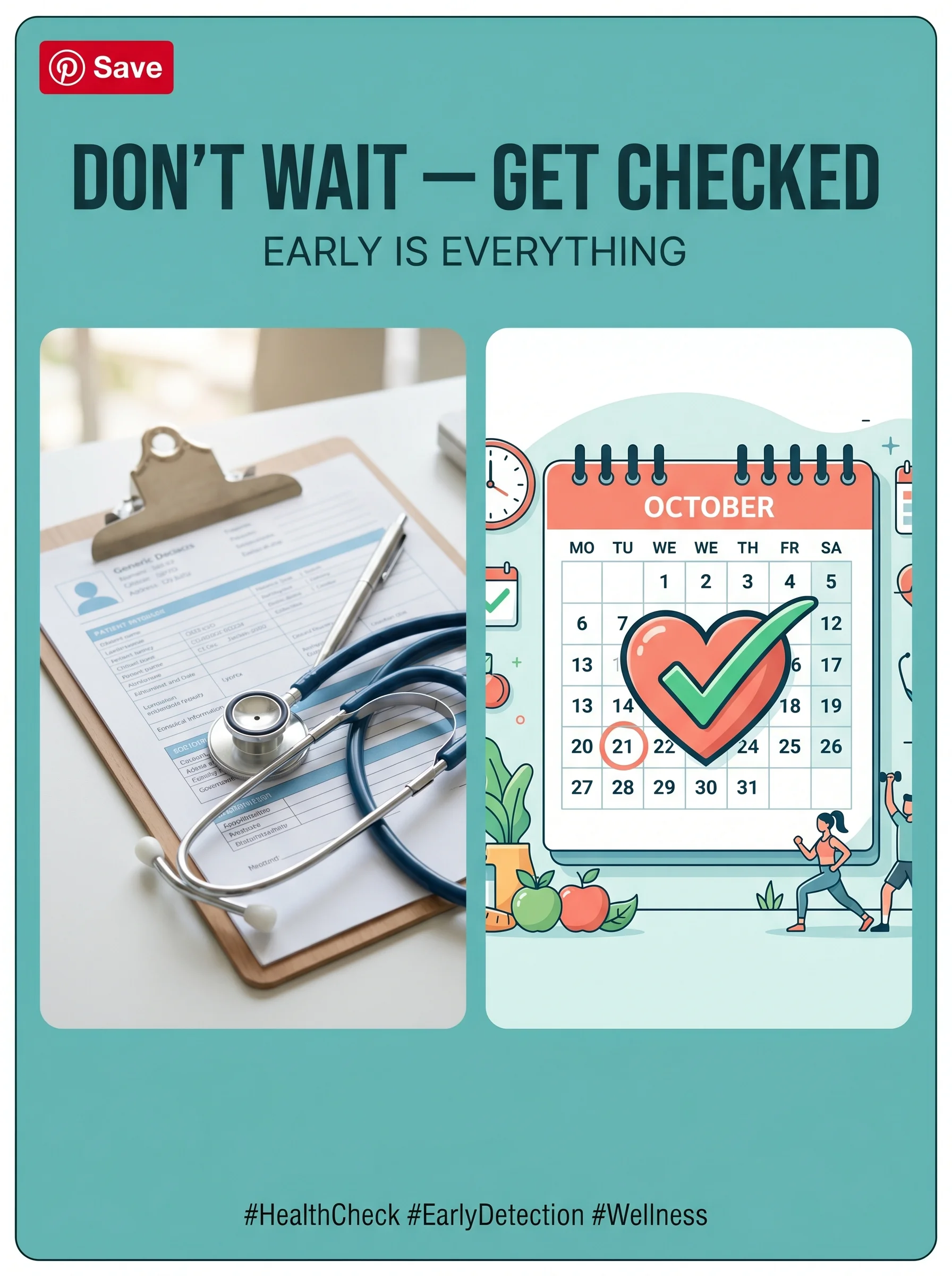 Pinterest panel: left photo of a doctor's clipboard and stethoscope; right illustrated calendar with heart checkmark, warm teal background